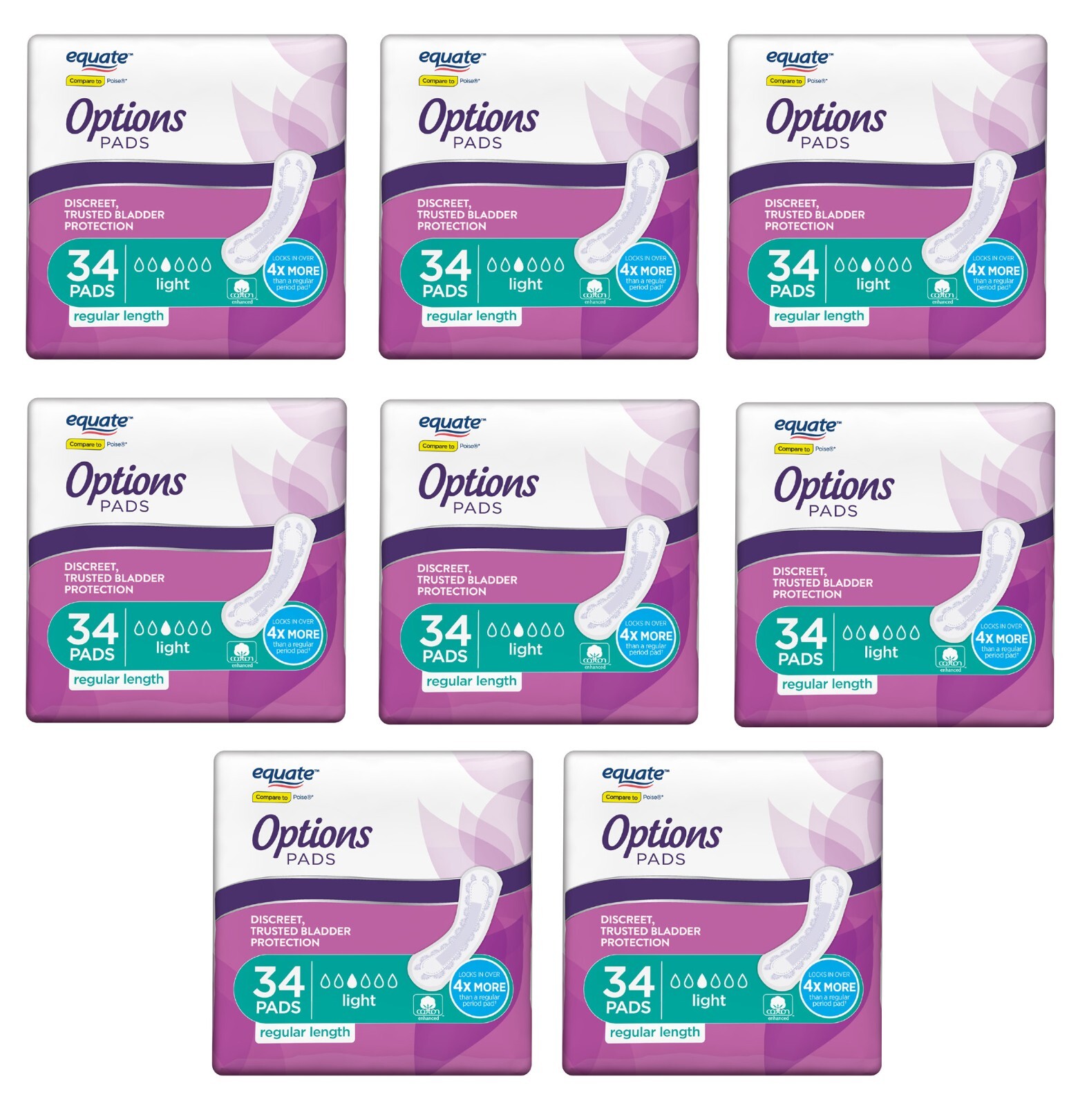 Equate Options Women’s Incontinence Pads Light Regular Unscented 272 Ct (8x 34)
