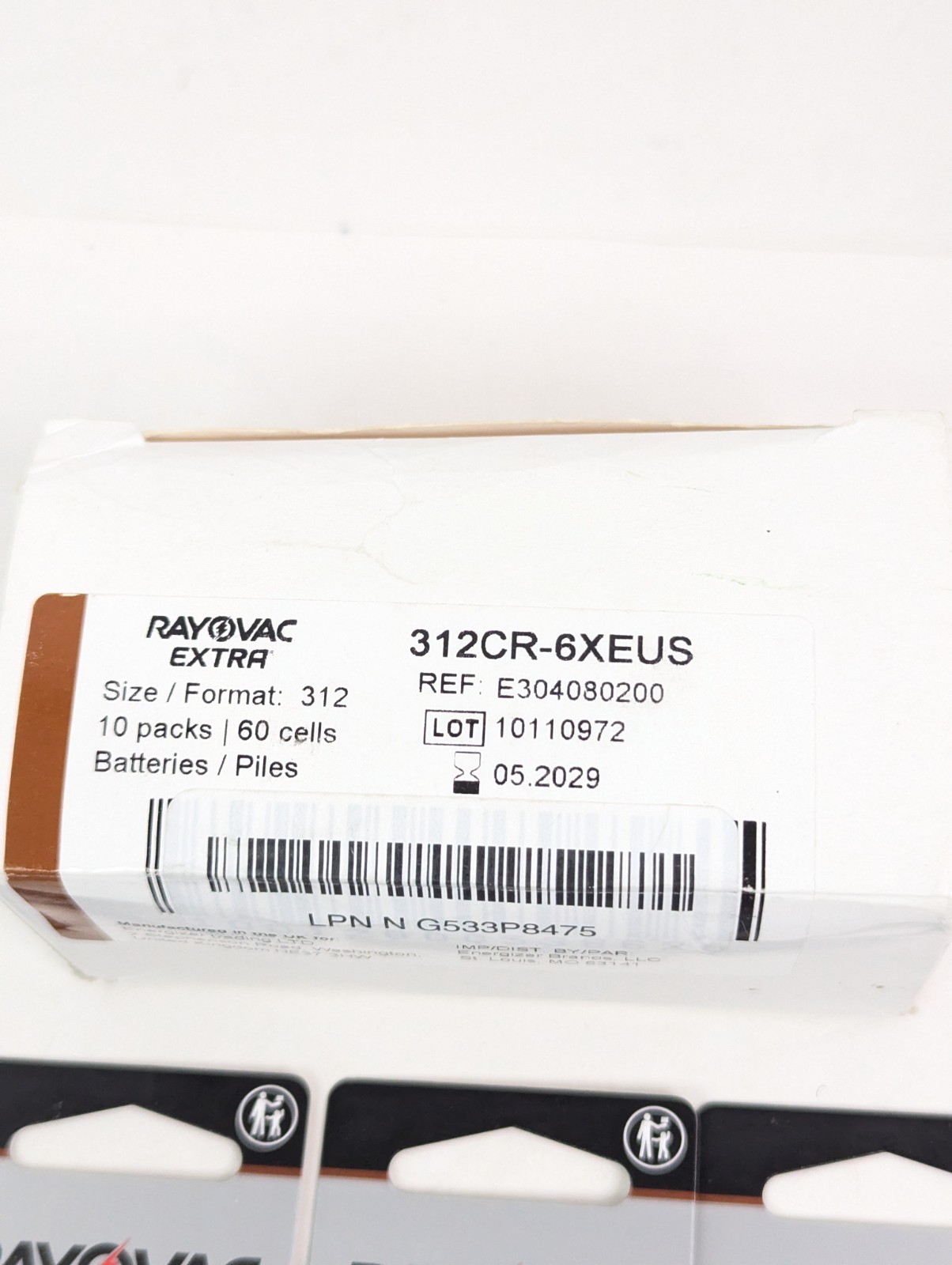 Rayovac EXTRA 312 Brown Hearing Aid Batteries 312CR-6XEUS Exp 05/2029 60 Pack