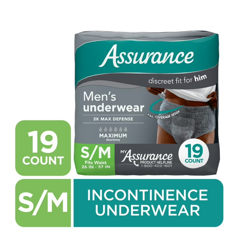 Assurance Men’s Incontinence Underwear, S/M, Maximum Absorbency Male 19/36/72 Ct