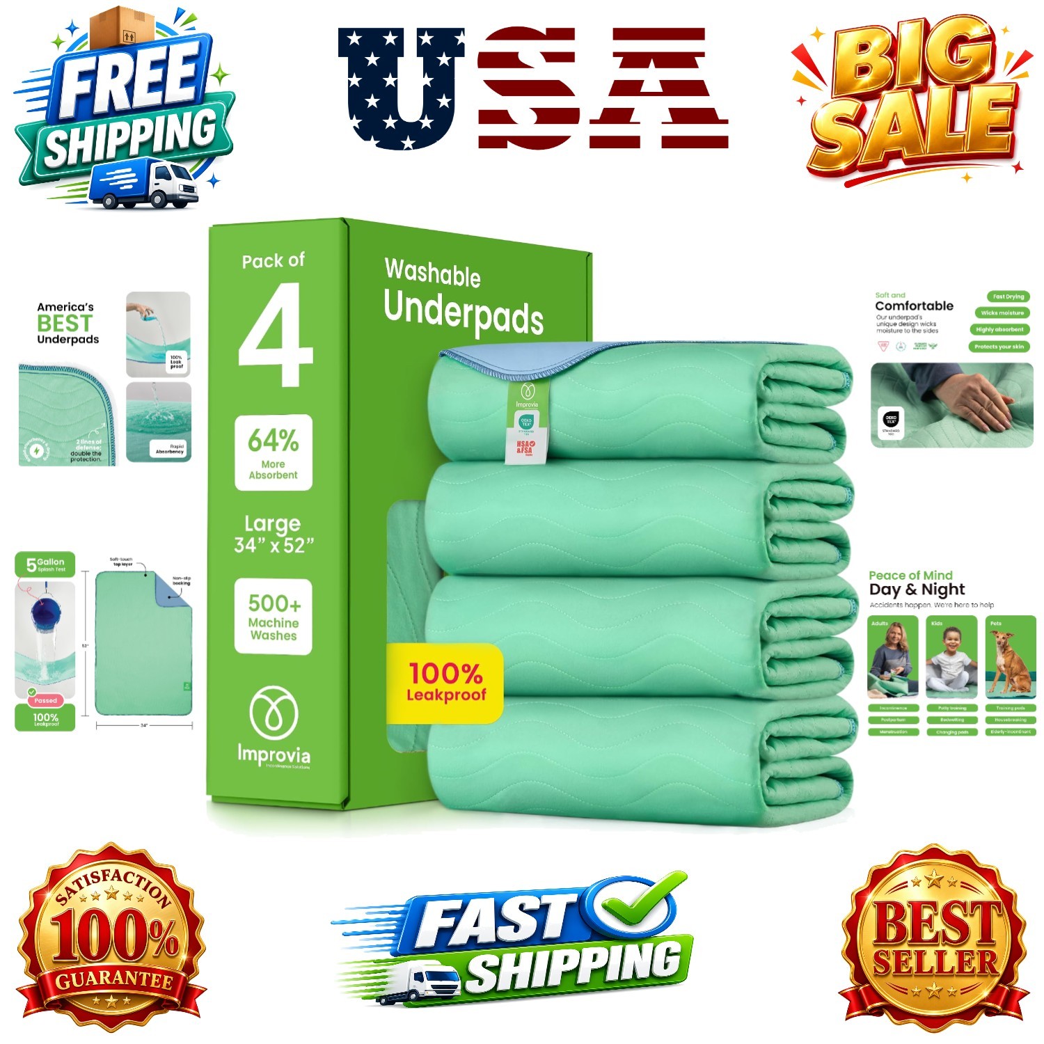 Washable Underpads, 34″ x 52″ Pack of 4 – Heavy Absorbency Reusable Incontine…