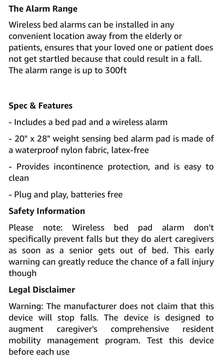 Bed Alarms and Fall Prevention for Elderly with 20” * 28” Weight Sensing