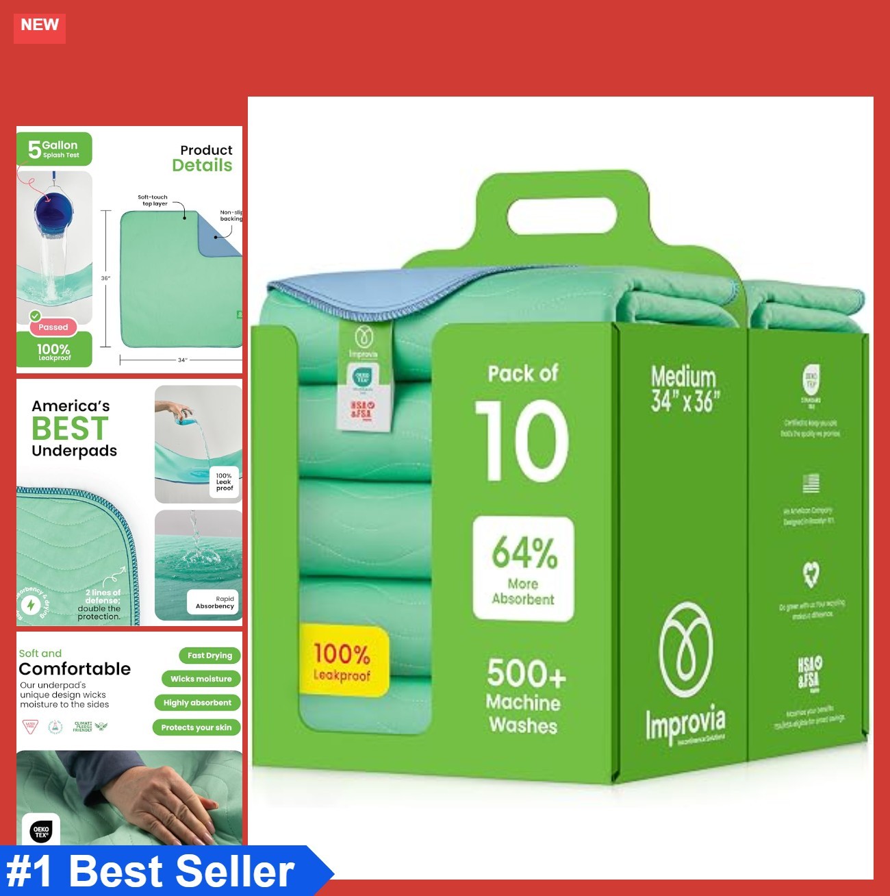 Reusable Underpads 34×36 Inch Heavy Absorbency Washable Bed Pads Pack of 10