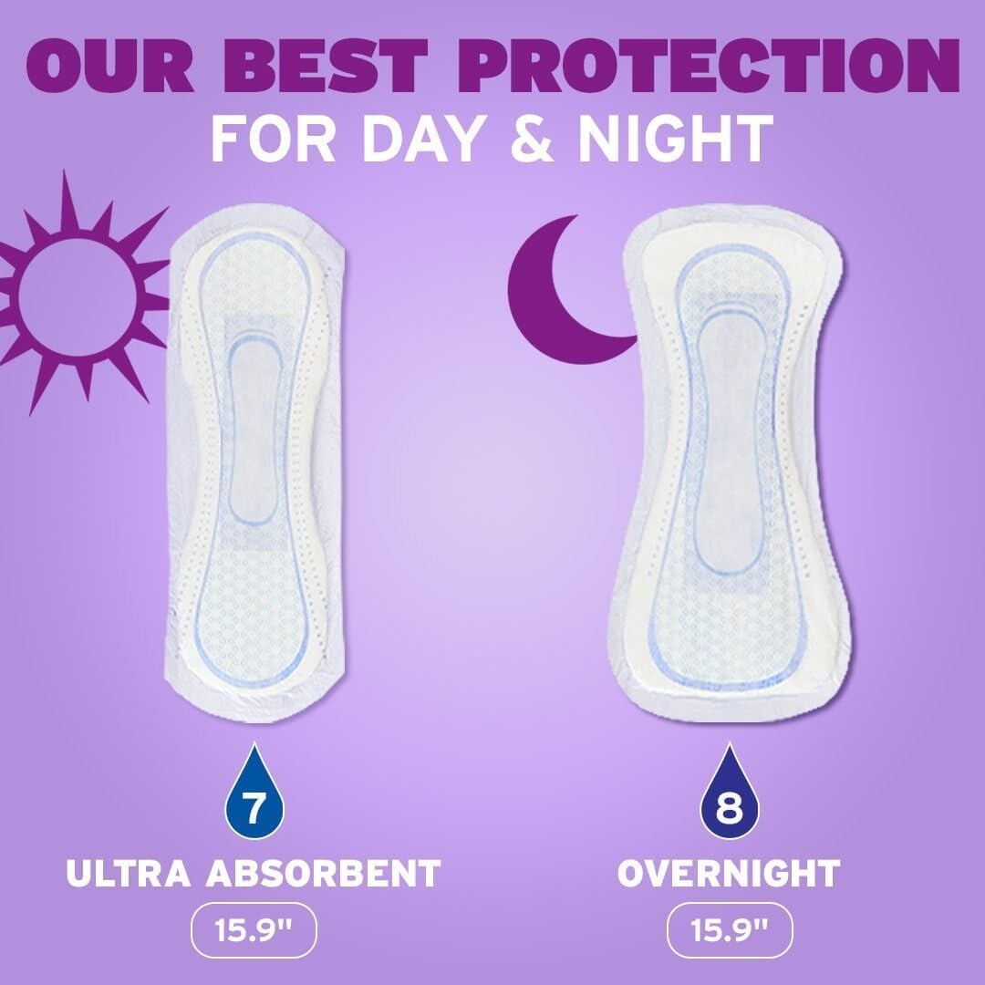 96 Count Overnight Incontinence Pads with 8 Drop Extra Coverage – 12 Hr Dryness