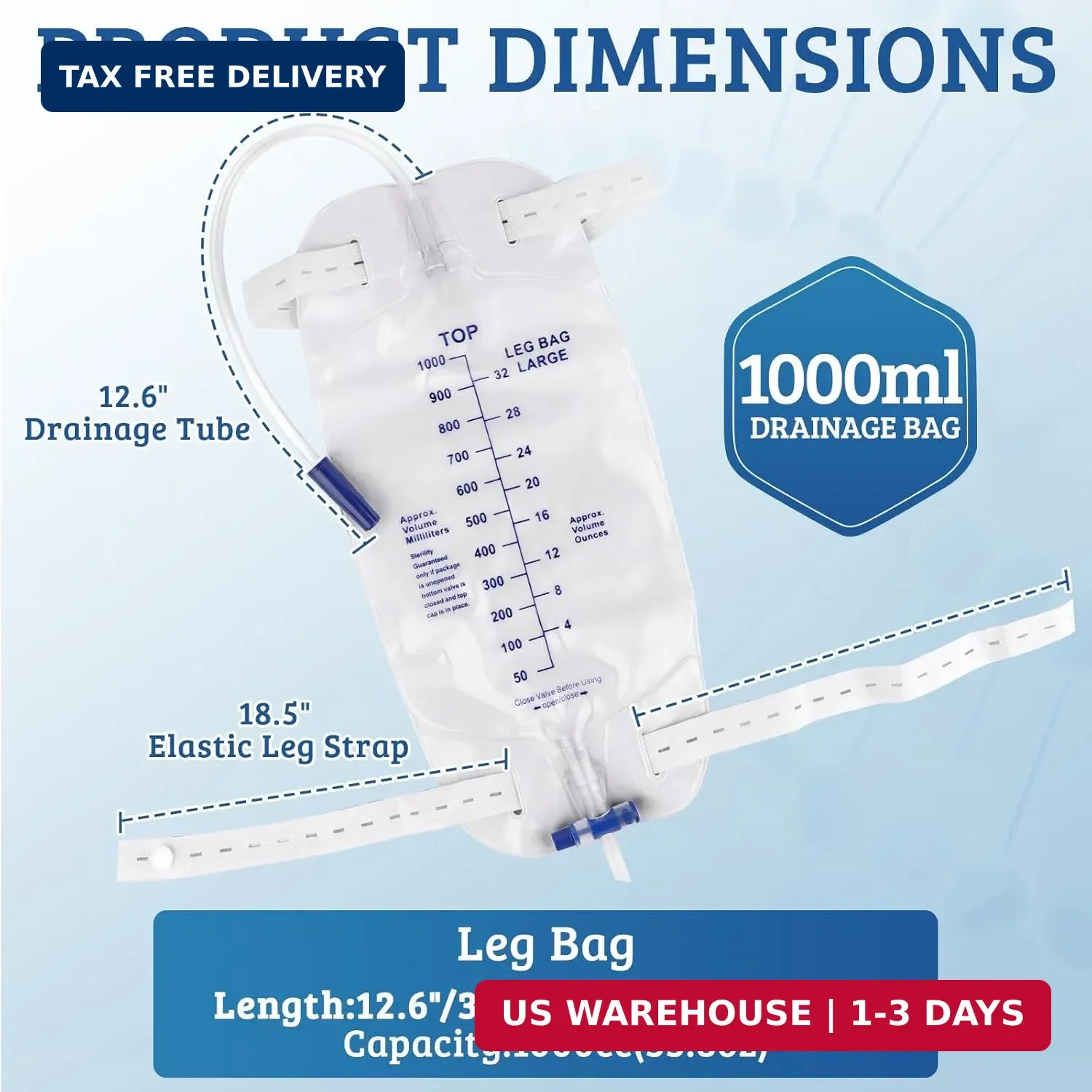 5 Pack 1000ml Sterile Leg Urinary Drainage Bags with 2 Adjustable Elastic Straps