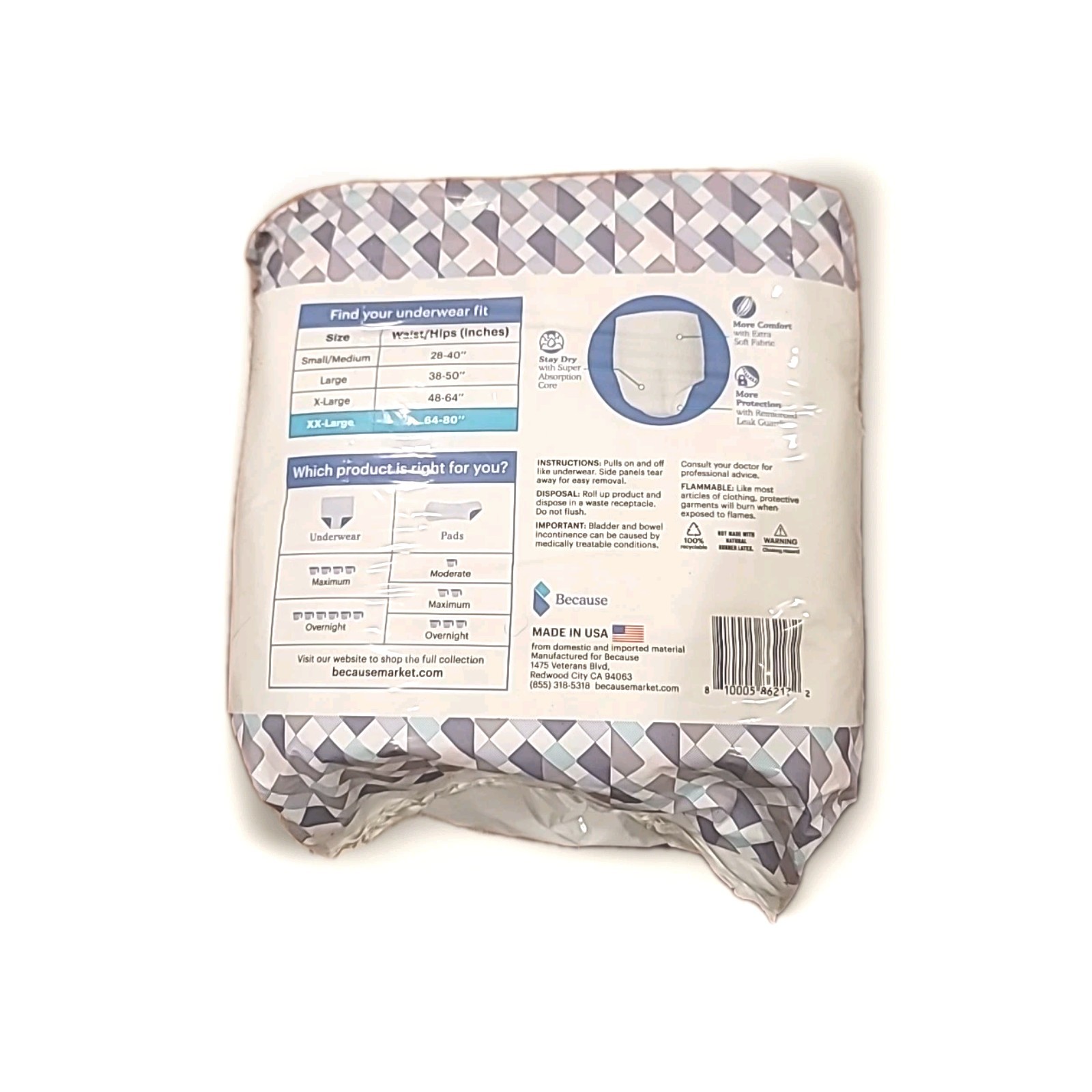 Because Premium Overnight Plus Bladder Control Underwear XXL 10 Pack Adult New