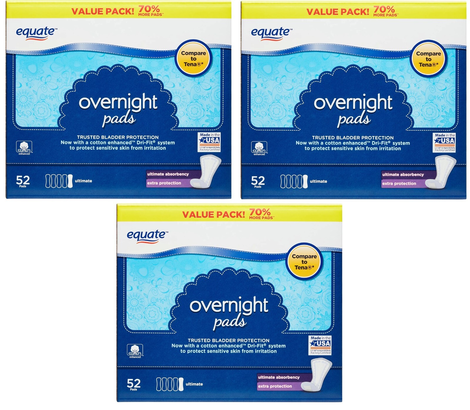 156 Count Equate Overnight Women’s Incontinence Pads Absorbency Ultimate (3x 52)