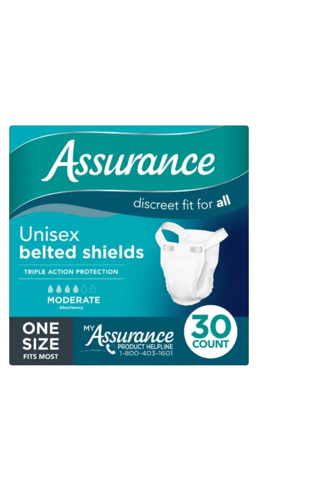 Assurance Unisex Incontinence Belted Shield, Moderate Absorbency, One Size 30 Ct