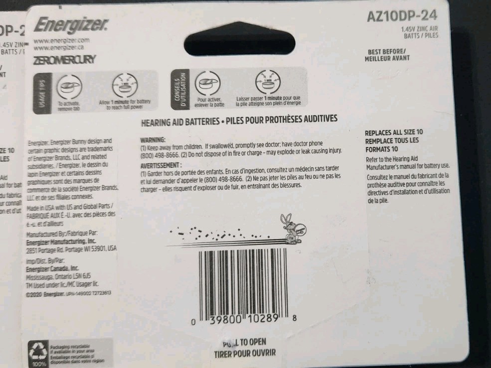 Energizer EZ Turn Lock Hearing Aid Batteries 3 Packs Of 24 Size 10, 72 Batteries