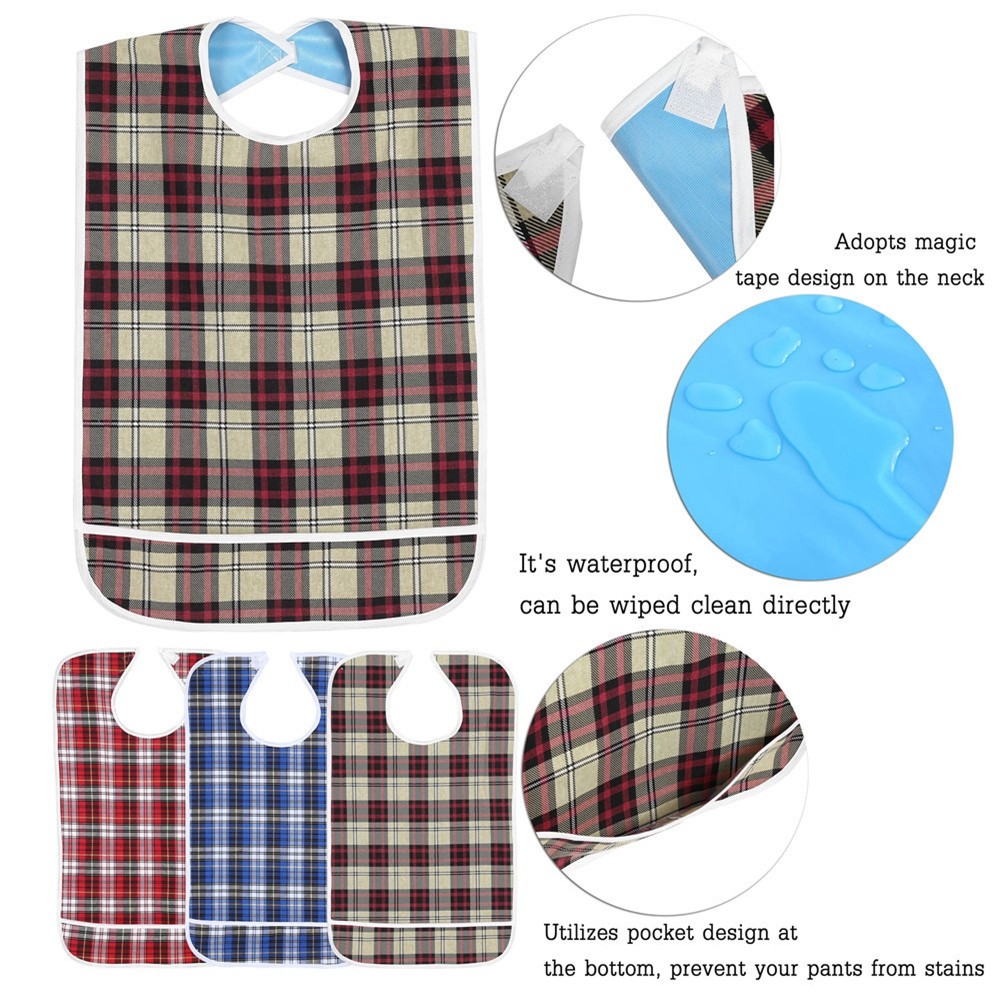 Waterproof Adult Mealtime Bib Clothes Protector for Elderly Red Blue Khaki