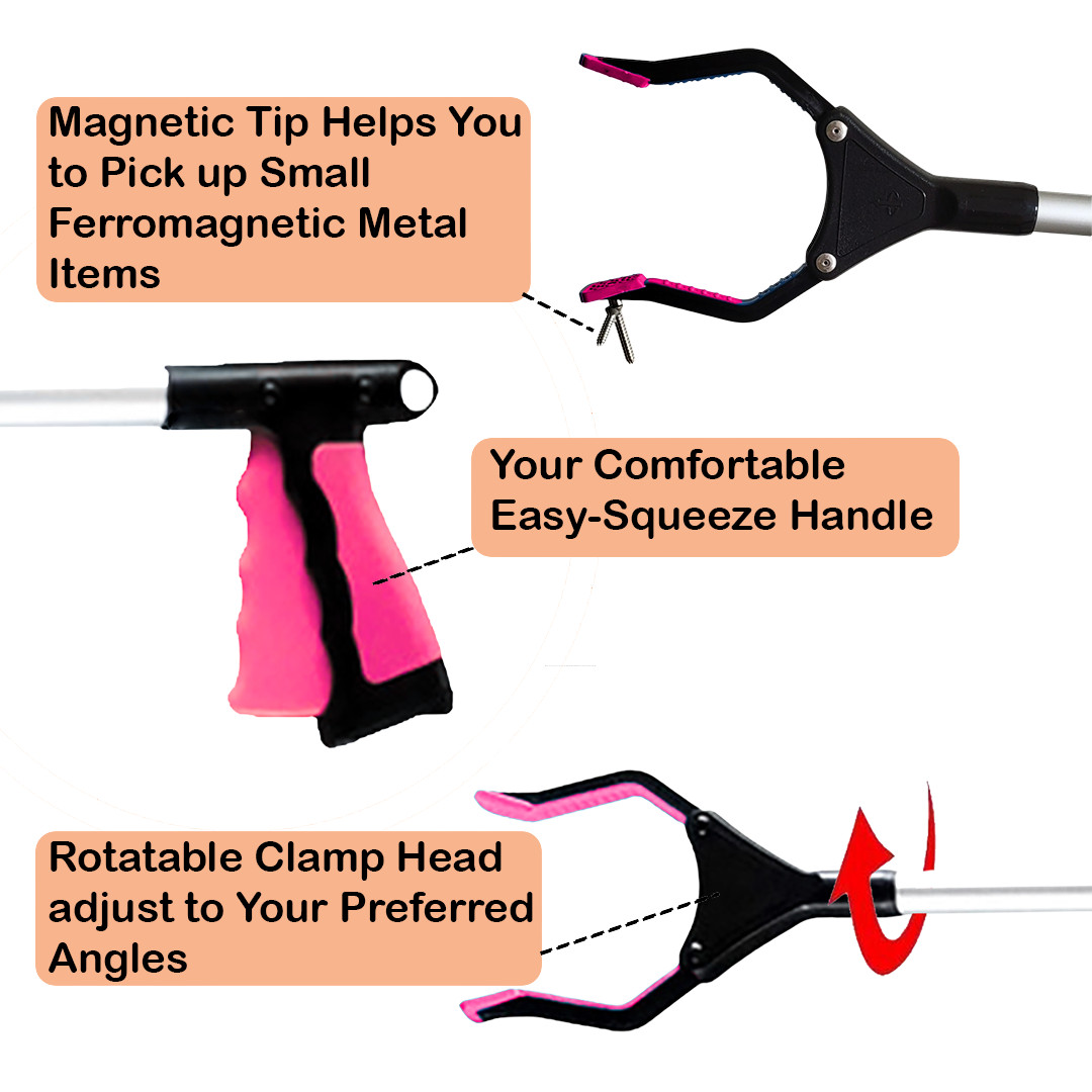 Foldable Grabber Reacher for Adults -Rotating Head, Non-Slip Grip, 32″ Long Pink