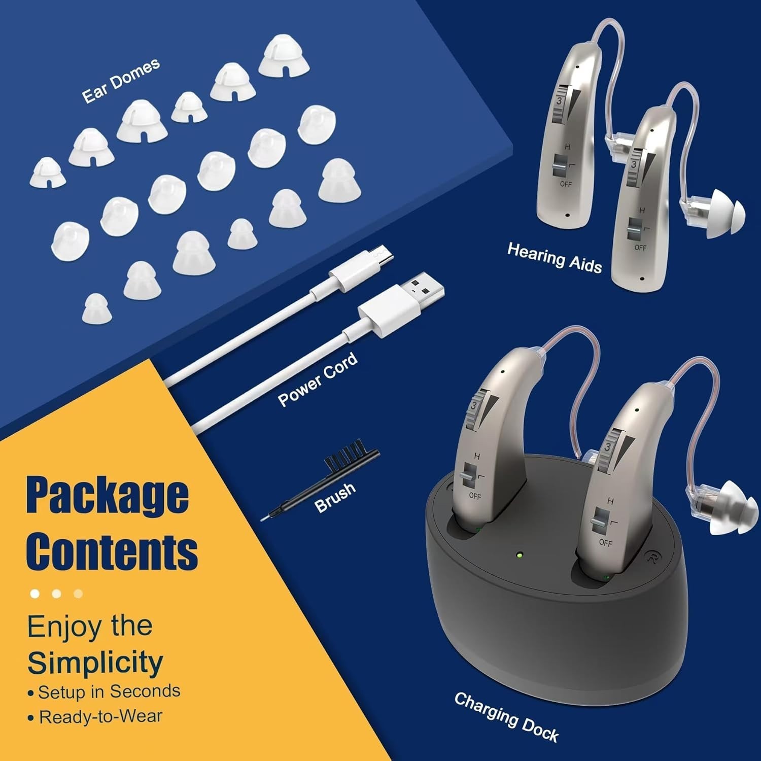 1 Pair BTE Rechargeable Hearing Aids for Seniors with Noise Cancelling