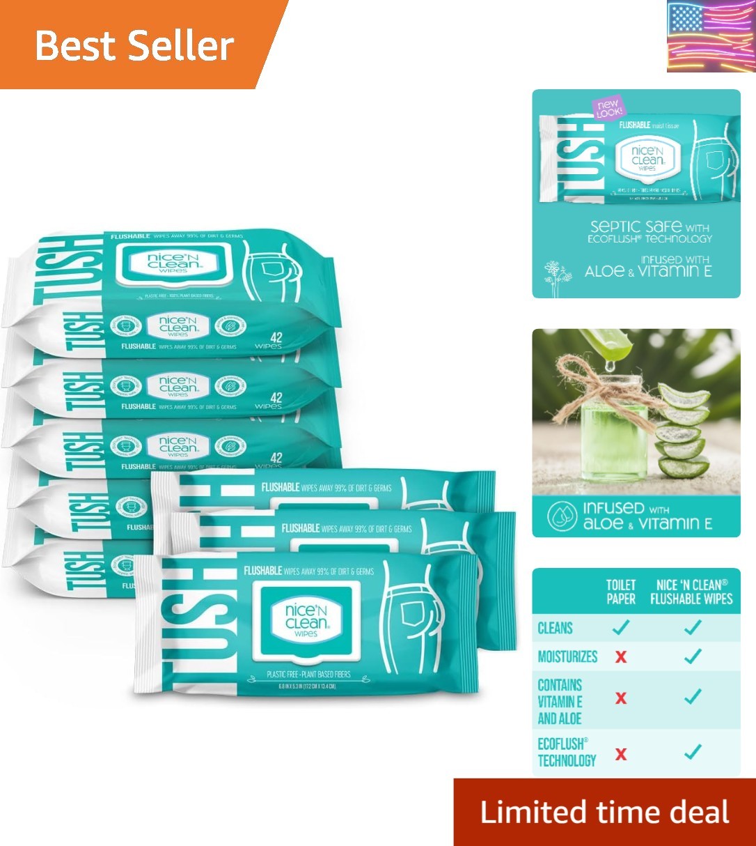 Adult Flushable Wipes, 8 x 42 Count Personal Cleansing Wipes, Plant-Based