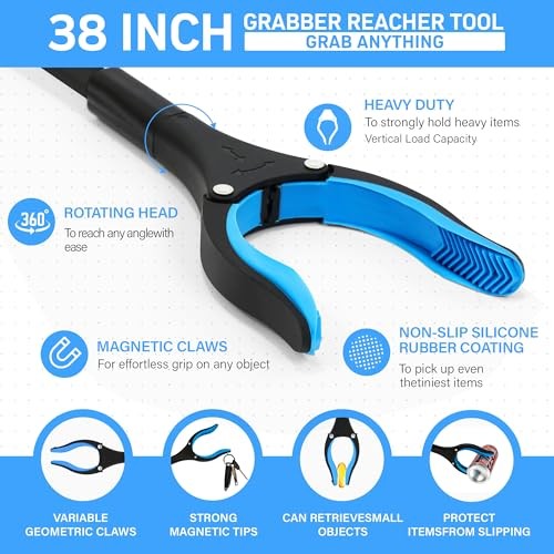 38″ Extra Long Grabber Reacher Tool – 3 Pack Foldable Reacher Orange Blue Pink