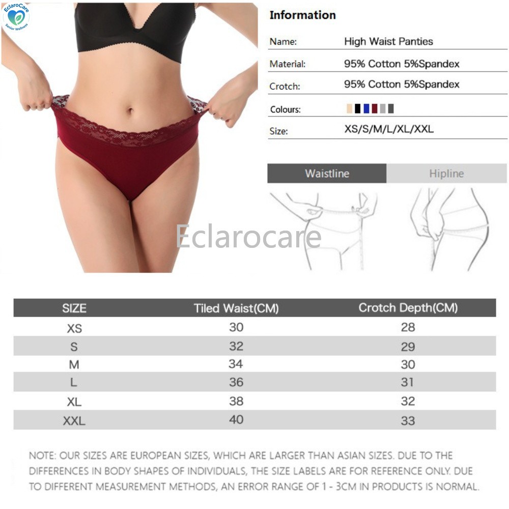 6pcs Women’s High-waisted Menstrual Underwear with Solid-Color Lace cotton