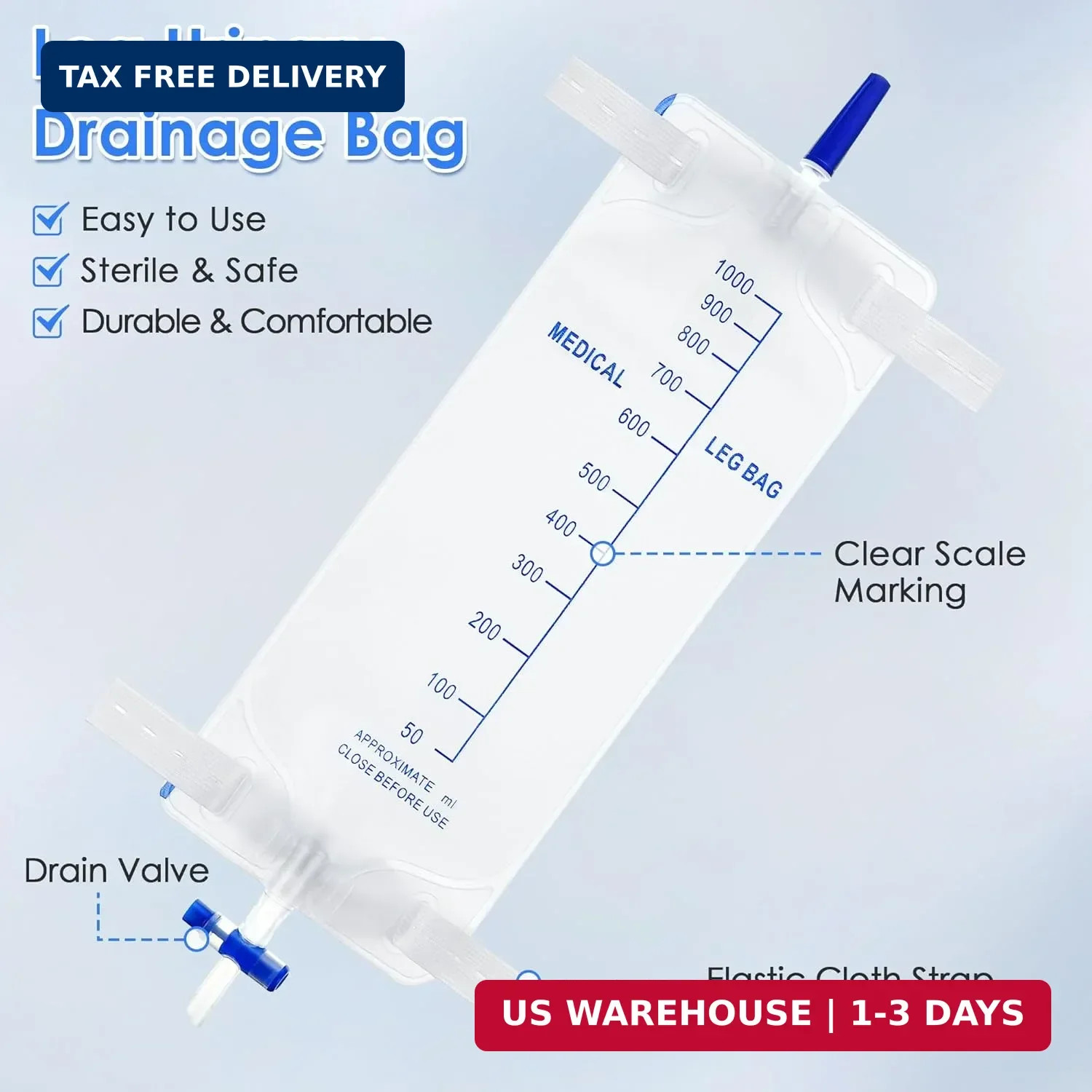 3 Pack 33.8oz/1000ml Leg Bag Urinary Drainage Bag with Cloth Straps, Leg Cathete