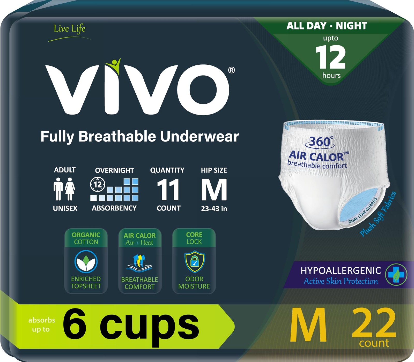 VIVO Organic Cotton Sensitive Skin Overnight Adult Incontinence Pullup Underw…