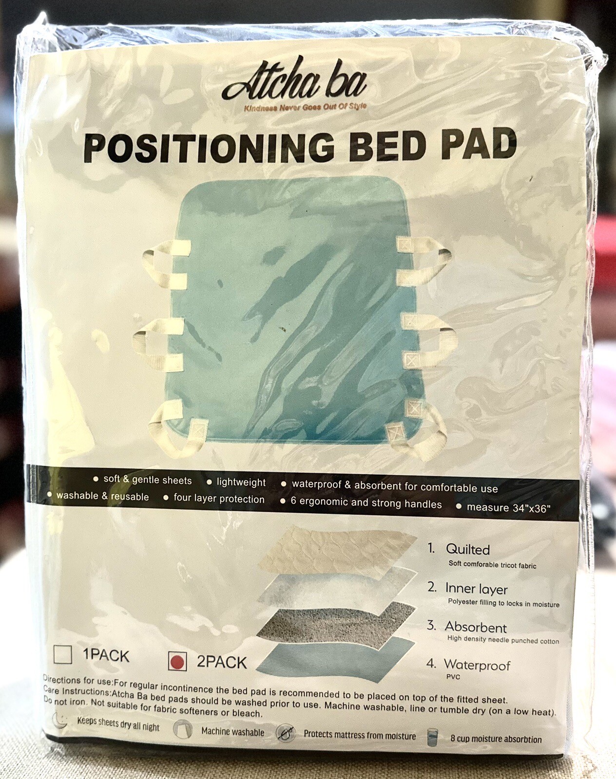 Atcha Ba Positioning Bed Pad w/Handles Washable/Waterproof 34x36in Blue Pk of 2