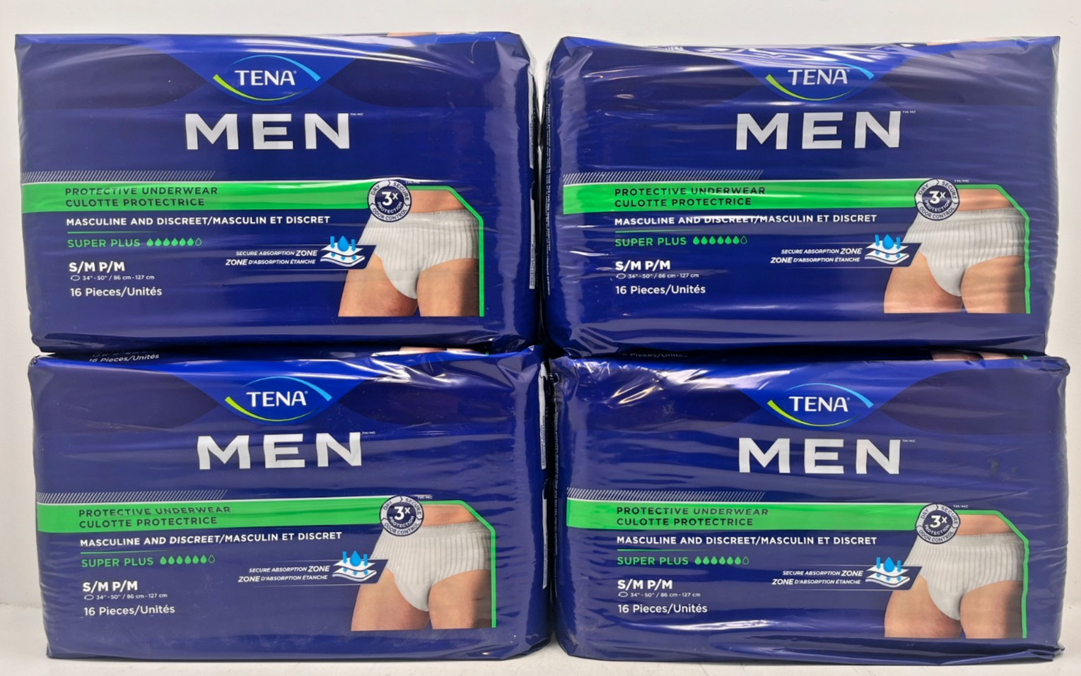 4x TENA MEN SUPER PLUS PROTECTIVE UNDERWEAR S/M 34″ – 50″ (64 TOTAL) SEALED