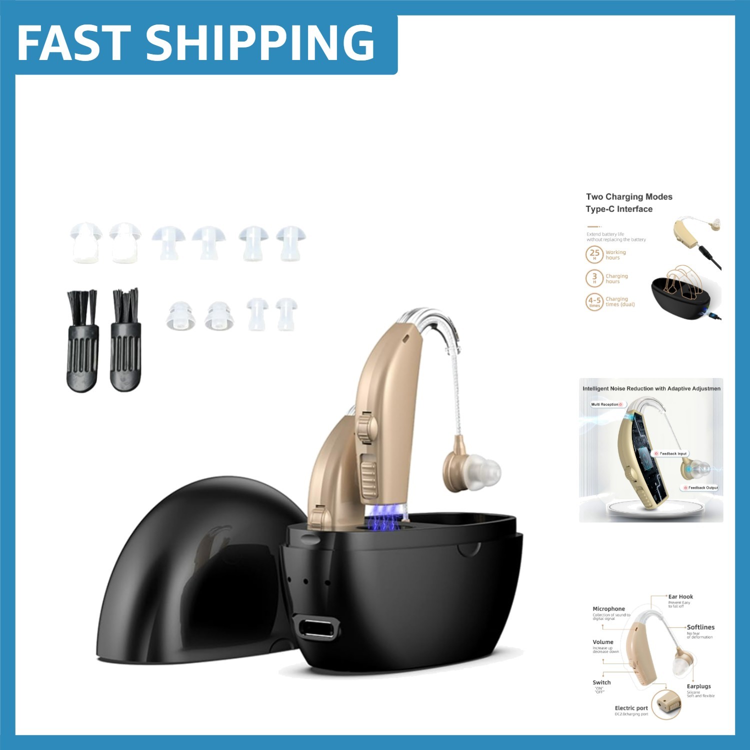 Lightweight Behind-the-Ear Hearing Aids with 25-Hour Battery Life for Seniors