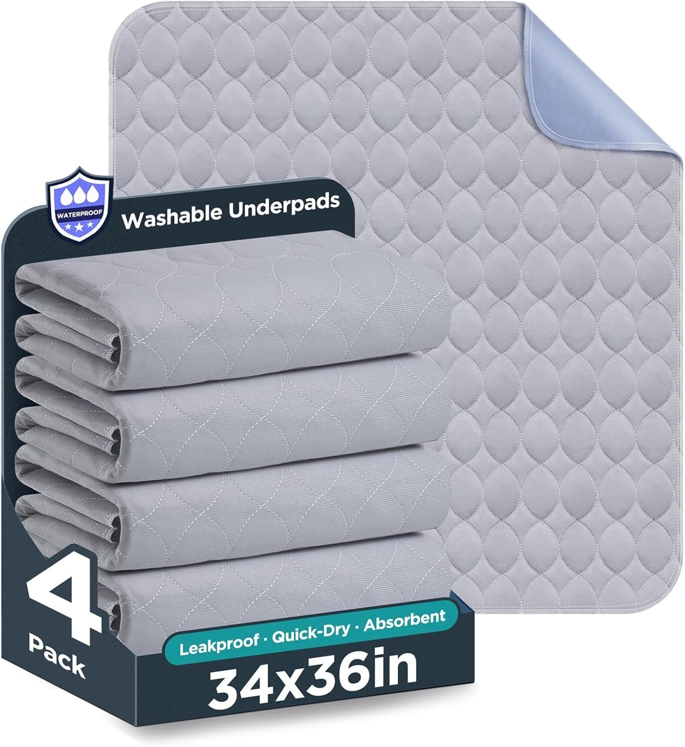 Washable Bed Pads 34″ x 36″ – 4 Pack, Grey, Waterproof Bed Pads for Incontine…
