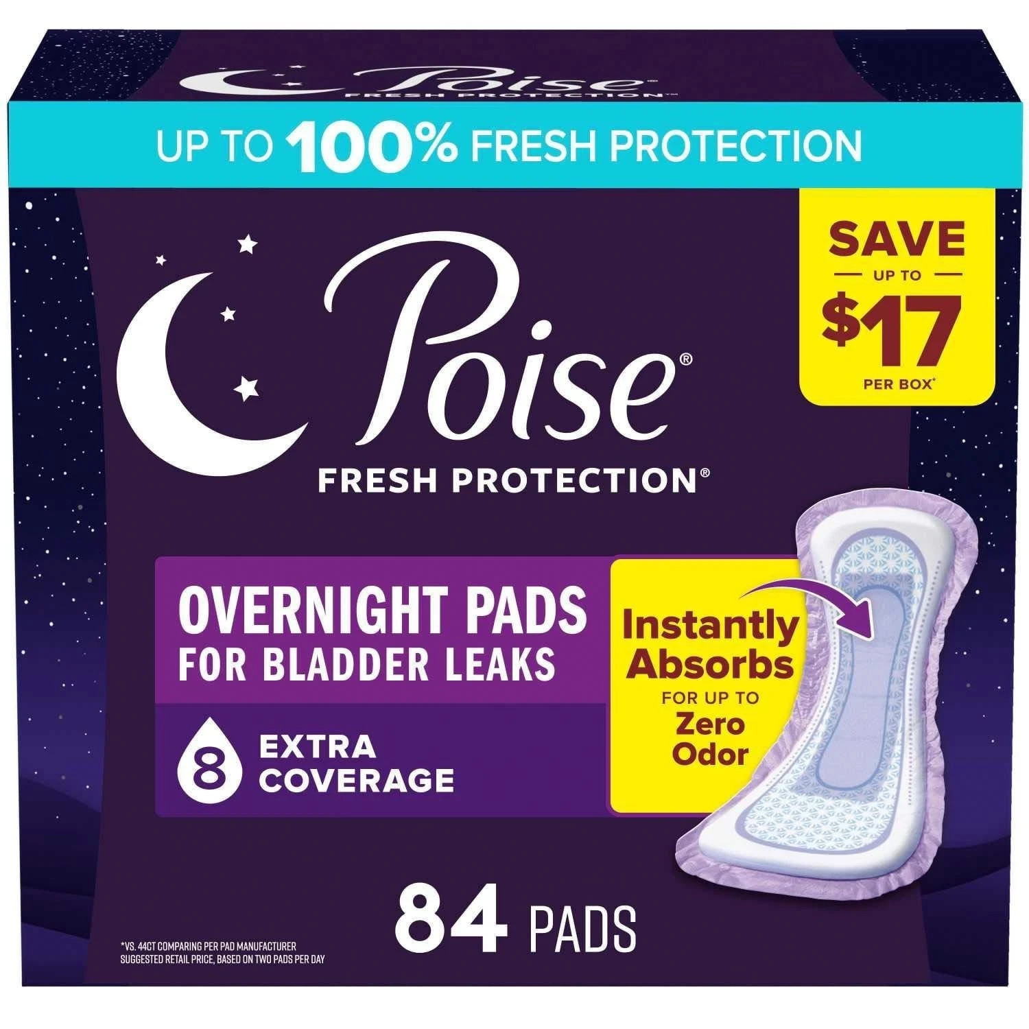 2 Pack Poise Incontinence Pads, 8 Drop Overnight, 84 ct
