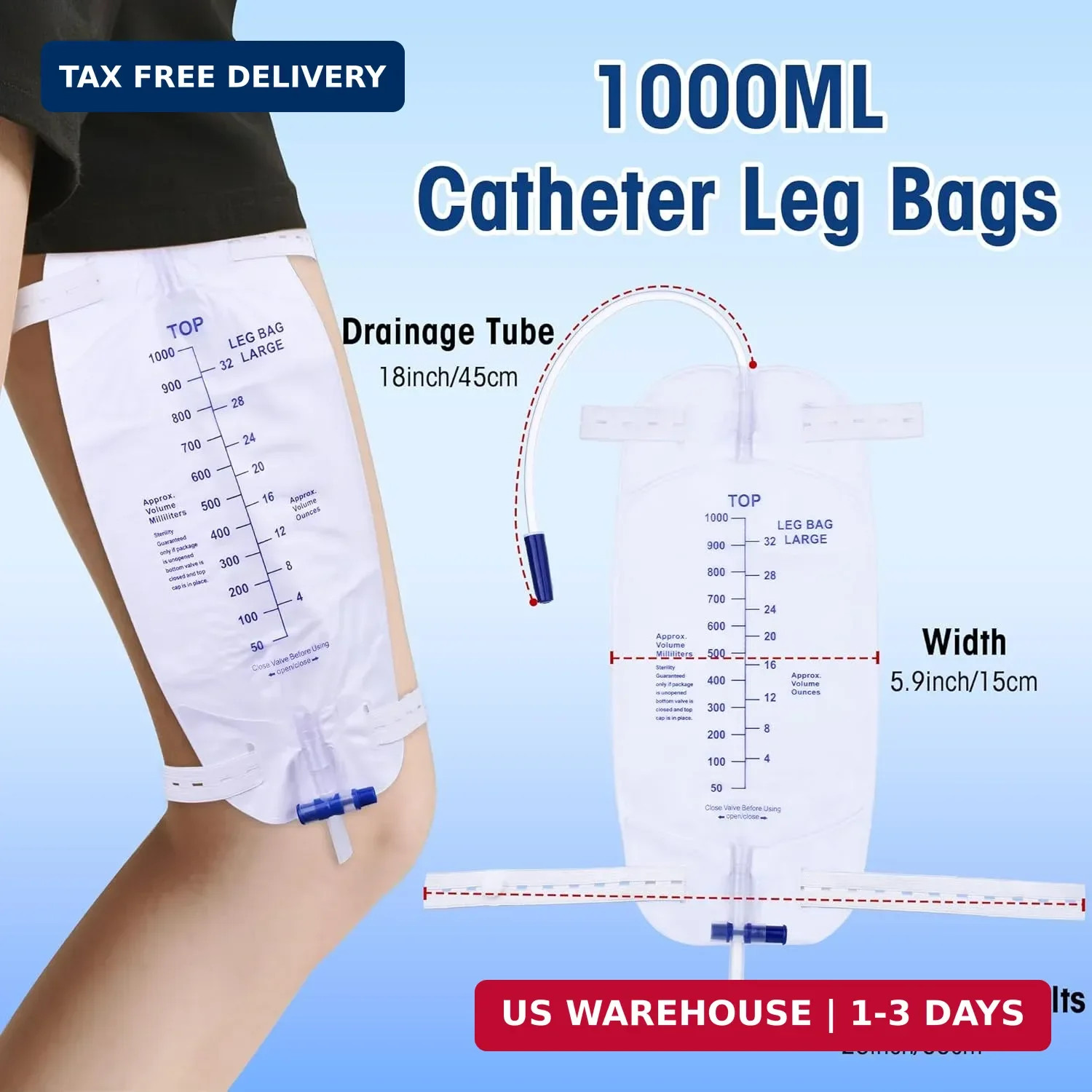 1000 mL Catheter Leg Bag for Men and Women 5 Pack Urinary Drainage Bag with Anti