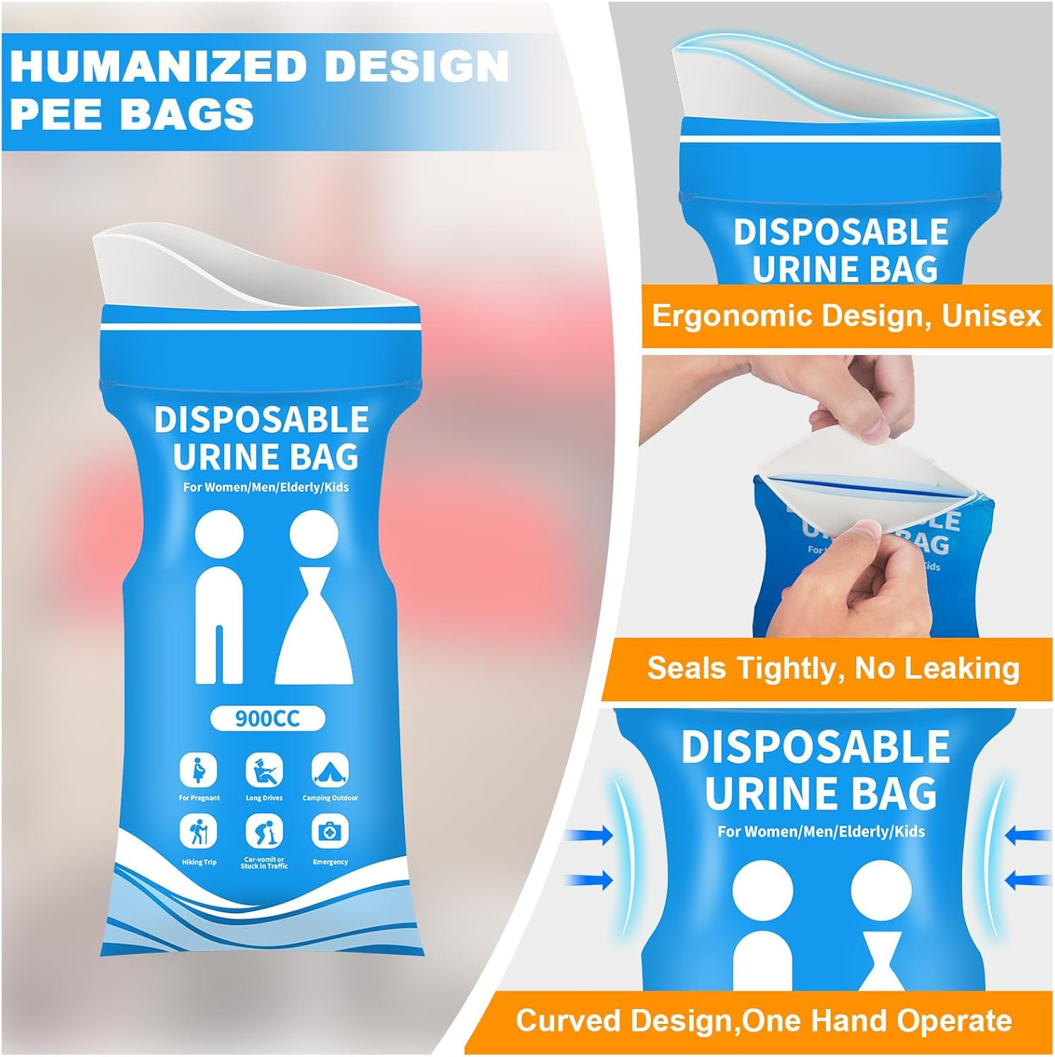 12/24 Pcs Disposable Urine Bags, 900ML Pee Bags for Travel for Women and Men, Em
