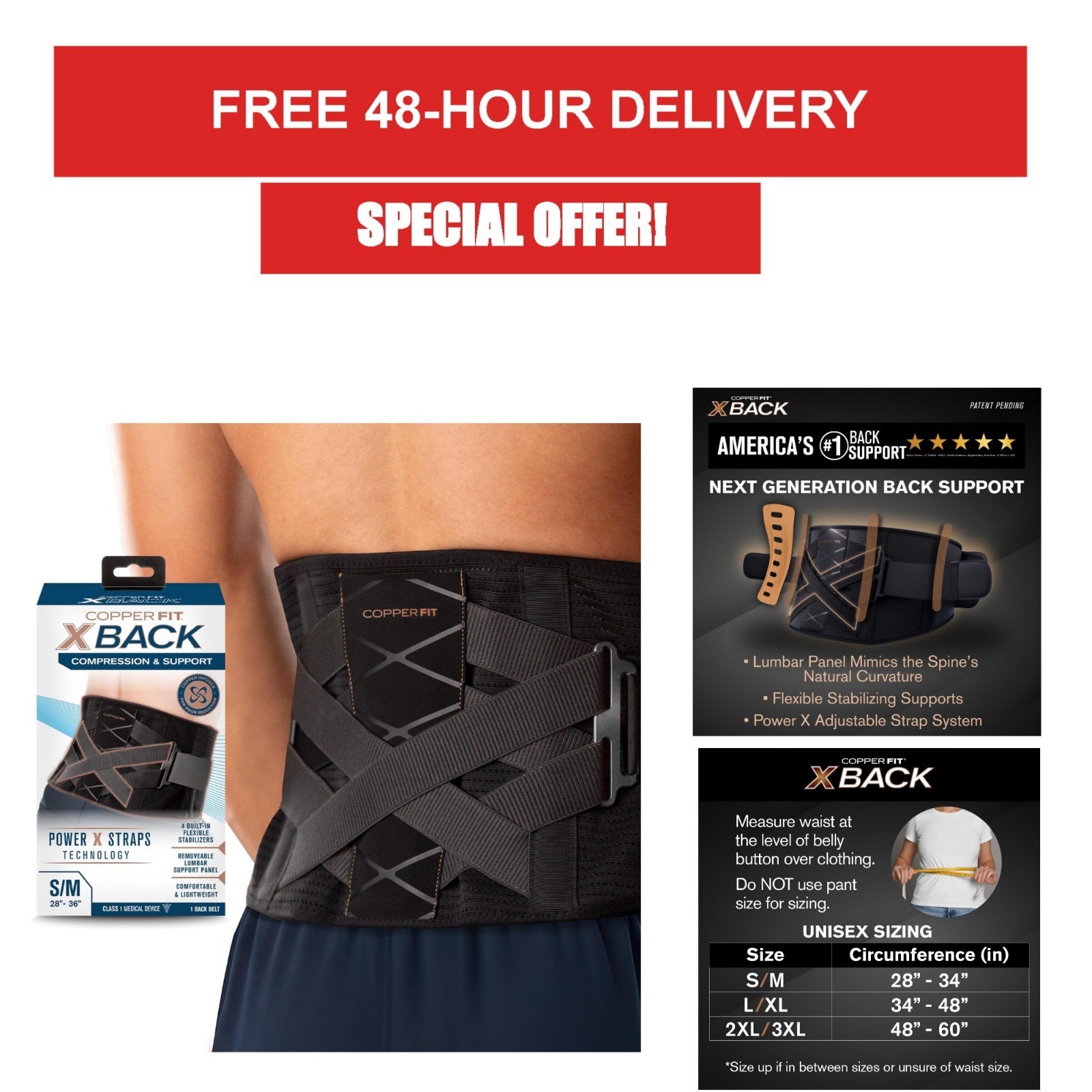 Copper Fit X-Back Brace for Lower Back Pain, Adjustable Lumbar Support