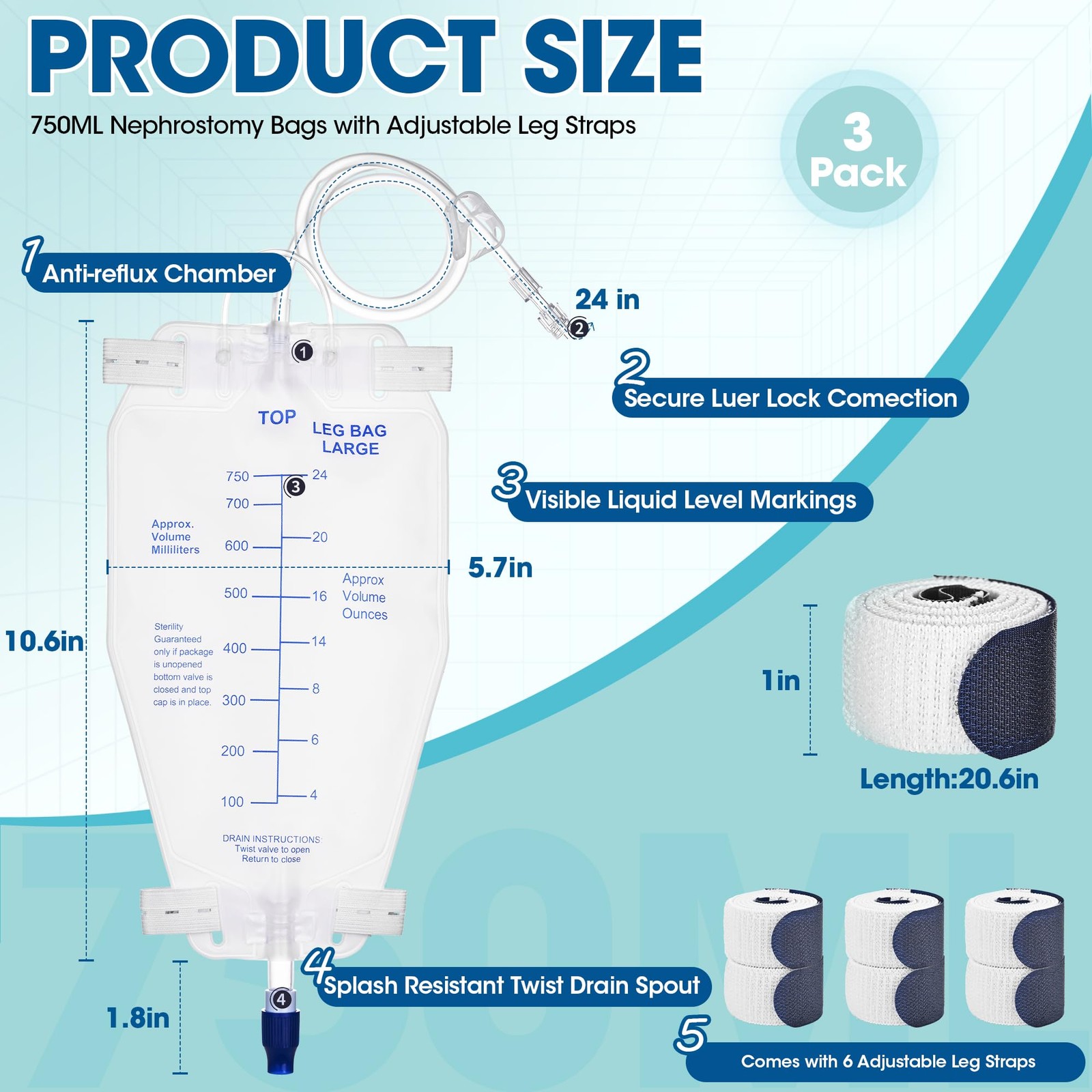 750ml Nephrostomy Bags, 3 Pack Urine Drainage Bag, Clear Bags with 24″ Silico…