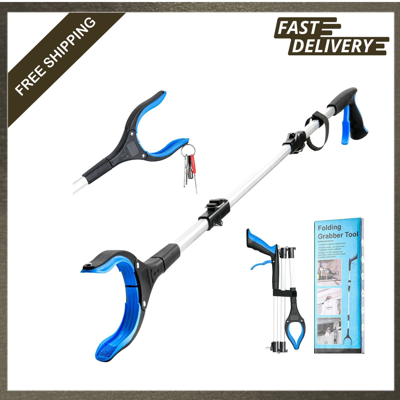43 Inch Foldable Reacher Grabber Tool with Rotating Jaw Magnetic Grip for