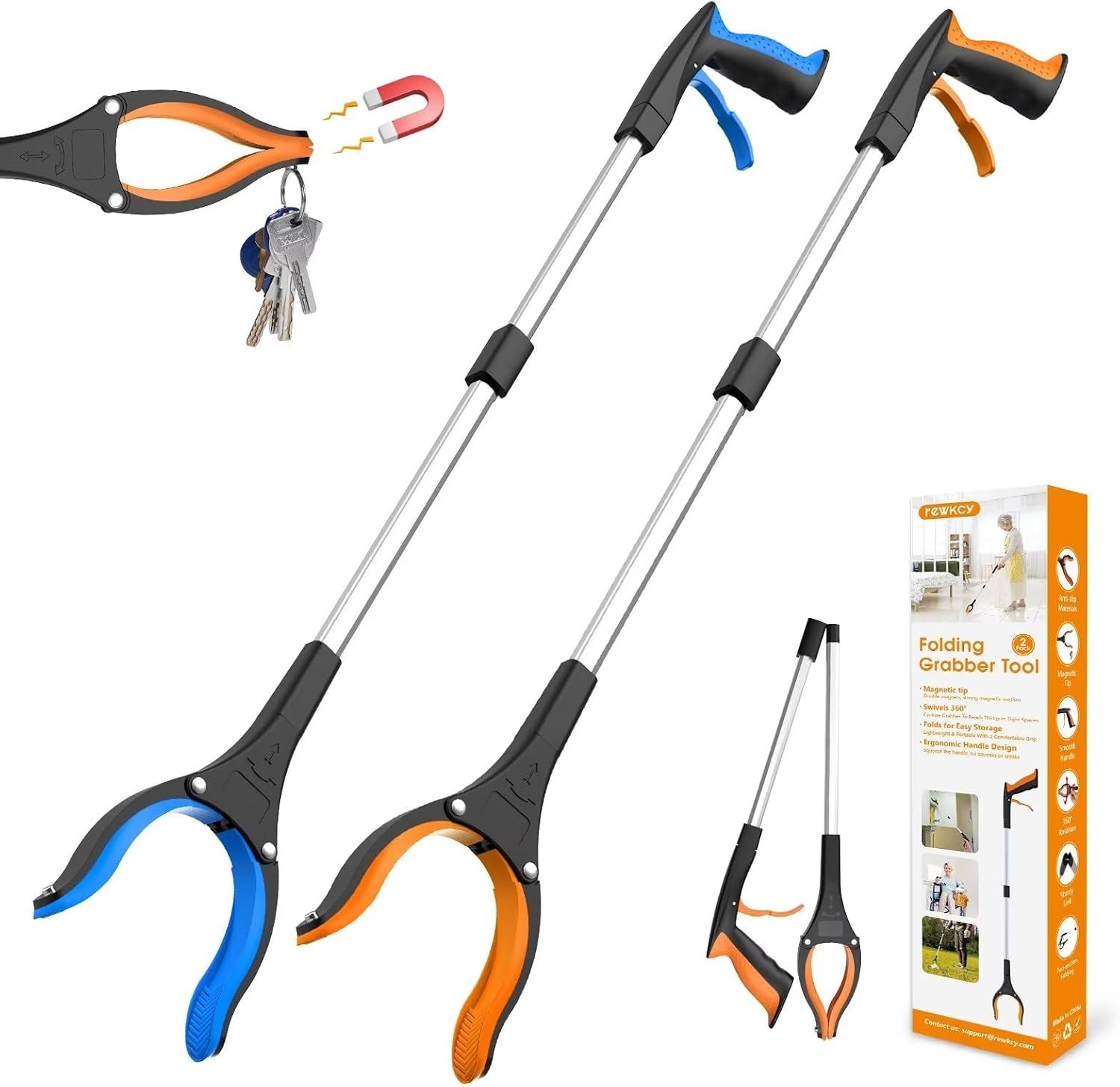 32″ Grabber Reacher Tool 2-Pack Foldable Pickup with 360 degrees Rotating Jaw