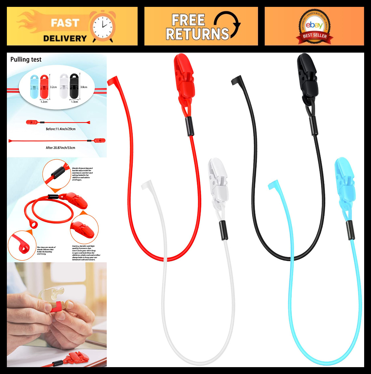 4 Pcs Adjustable Hearing Aid Clips Lanyard Holder Anti-Loss Rope for Seniors