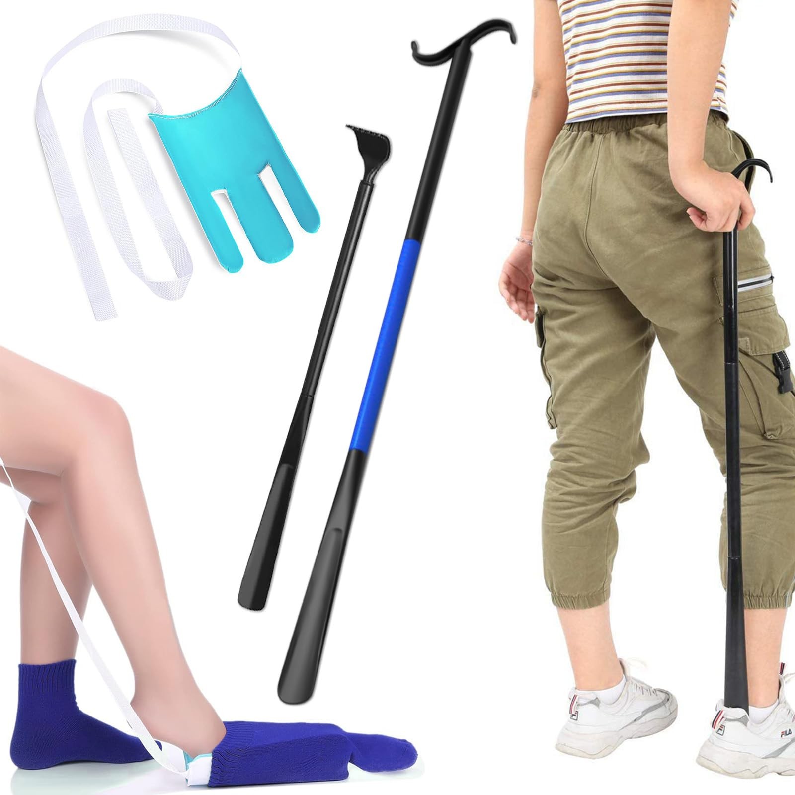 3-Piece Sock Aid Kit w/ Dressing Stick, Back Scratcher for Seniors, Disabled
