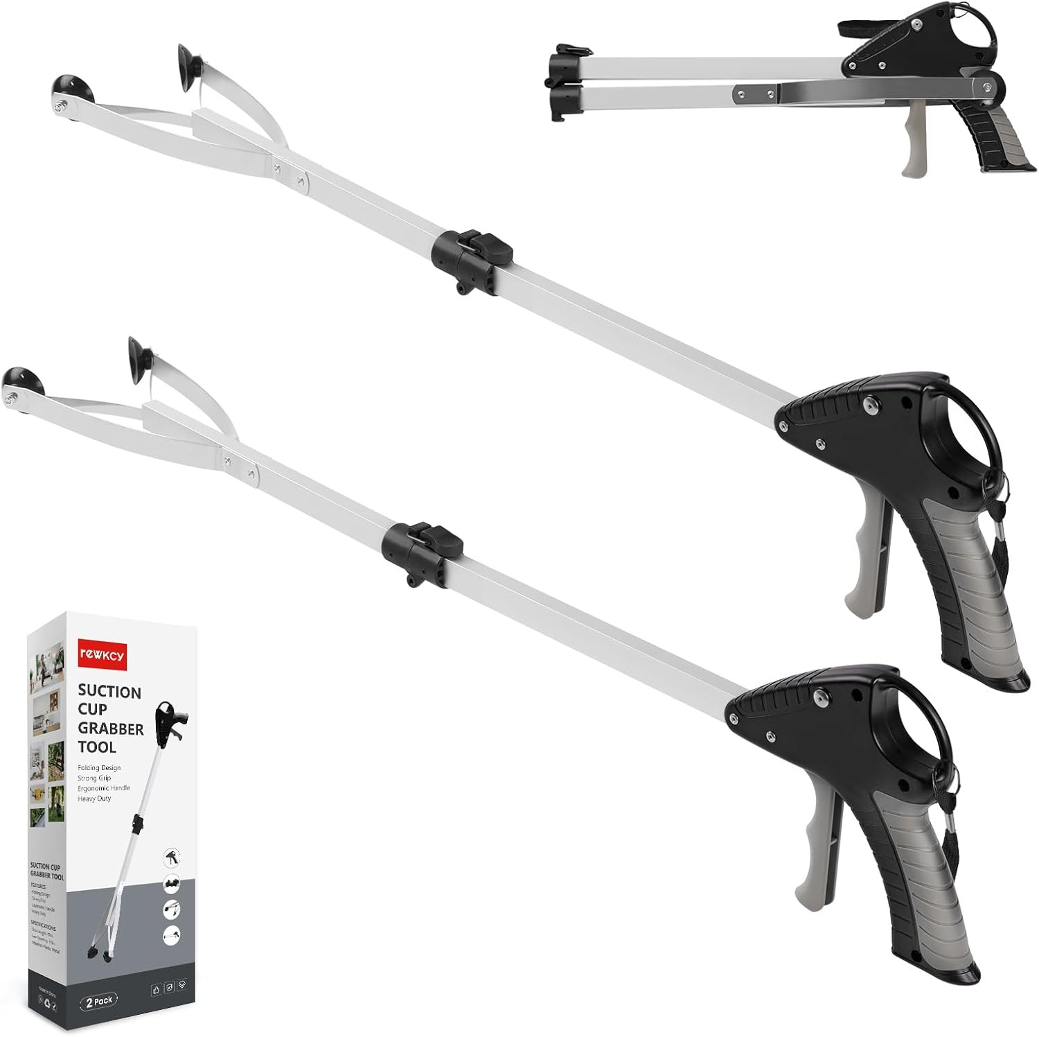 32″ Grabber Reacher Tool, 2-Pack Foldable Reacher Grabber with Suction Cup Grip,