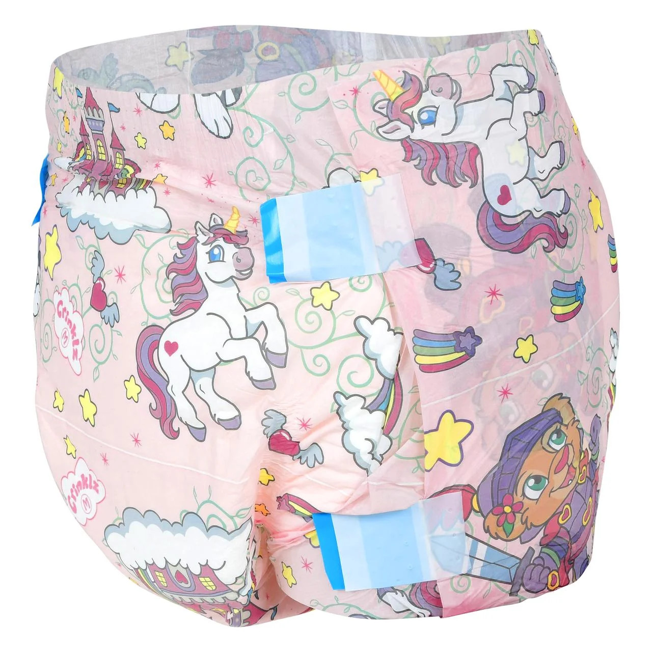 (2) M Crinklz Printed Adult Diapers w/ Plastic Backing, Fairy Tale Print ABDL