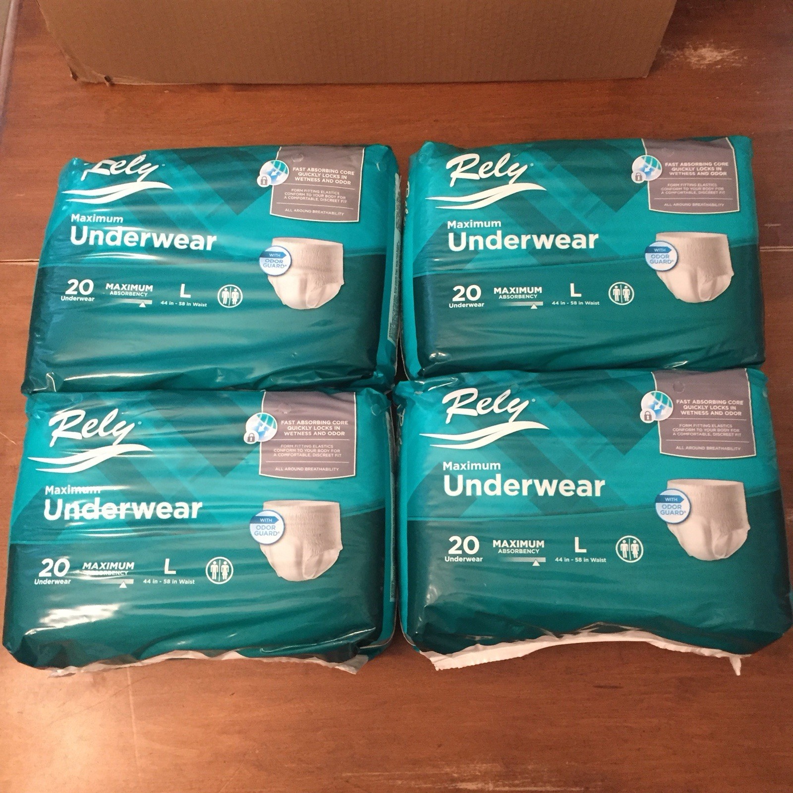 Rely Maximum Absorbency Underwear size LARGE 44″ x 58″ – 4×20 count (80 total)