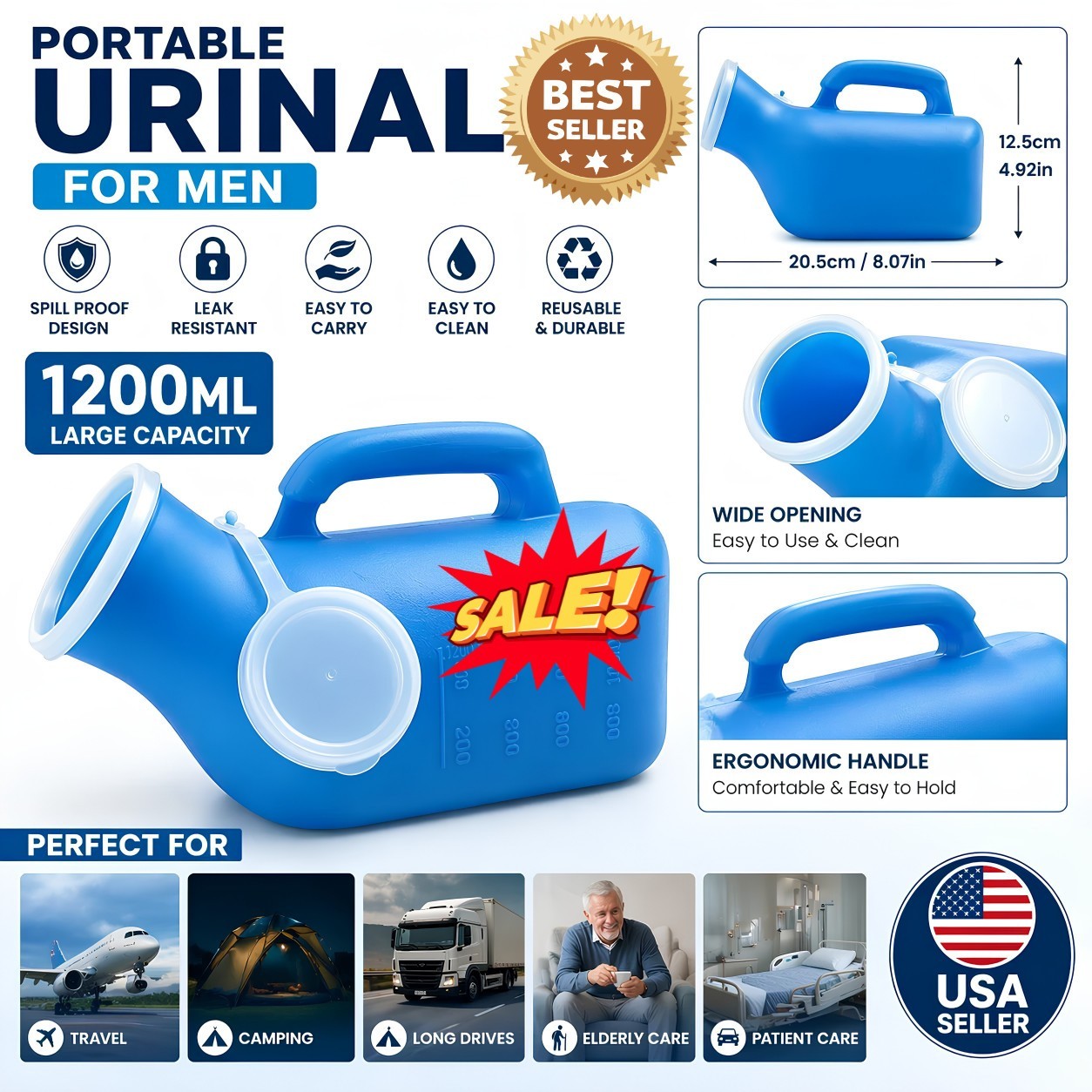 1PCS 1200ML Portable Urinal for Men Spill Proof Urine Bottle Leak Resistant