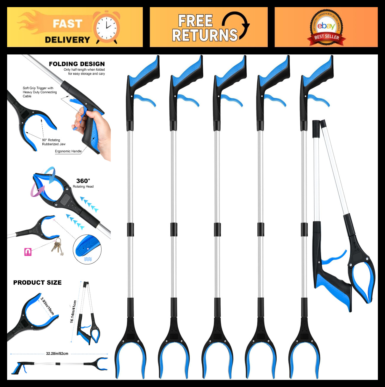 6-Pack 32″ Foldable Grabber Reacher Tool, 360° Rotating Head, Anti-Slip Claw, Wi