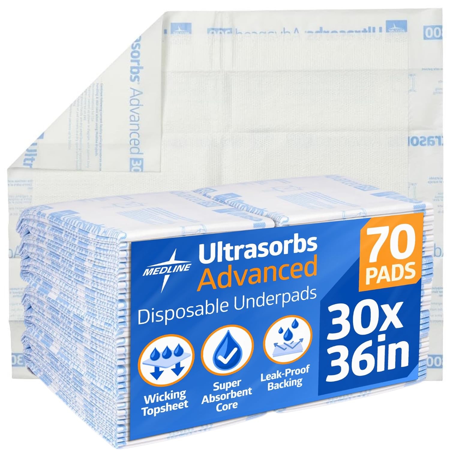 Medline Advanced Ultrasorbs Drypads, 30″ x 36″, 70 Count, Large Disposable Bed P