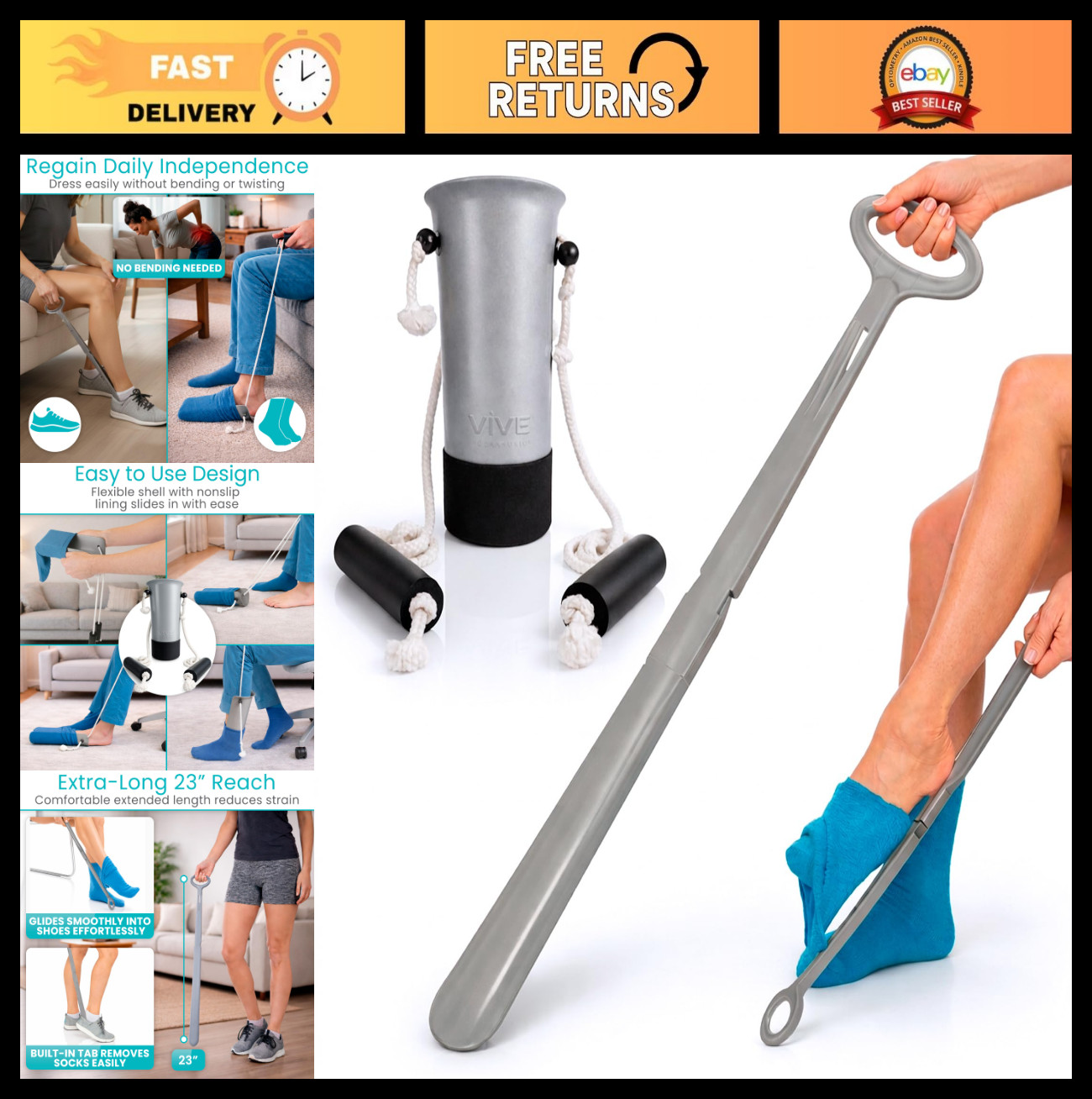 Sock Aid Device & Long Handle Shoe Horn Kit for Seniors – Easy On/Off Sock Pulle