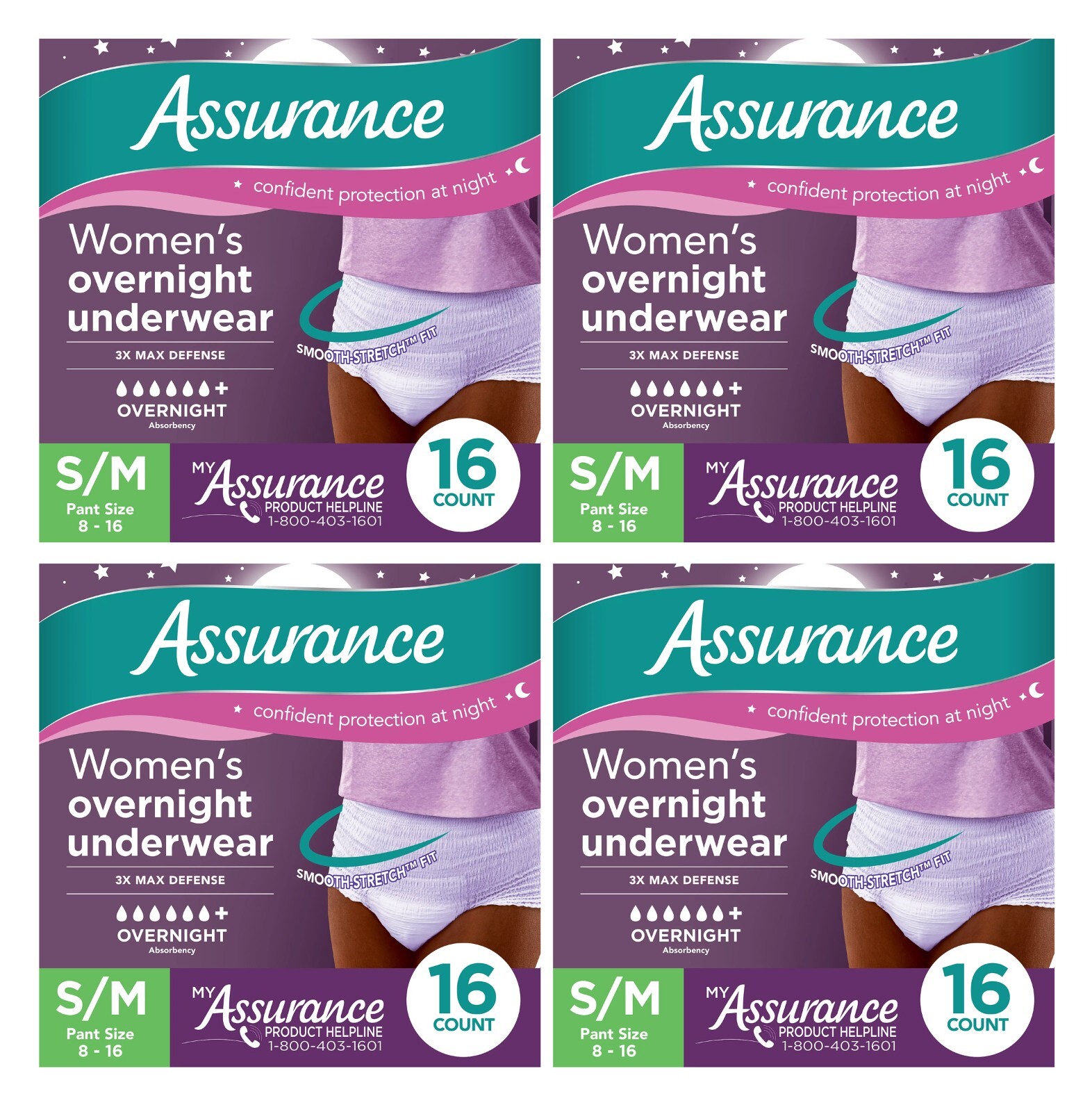 64 Count Assurance Women’s Incontinence Underwear Overnight Absorbency Size S/M