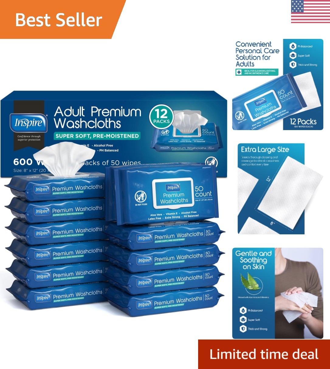 Adult Wet Wipes Incontinence Cleansing Wash Cloths 8×12 12 Packs 50 Count