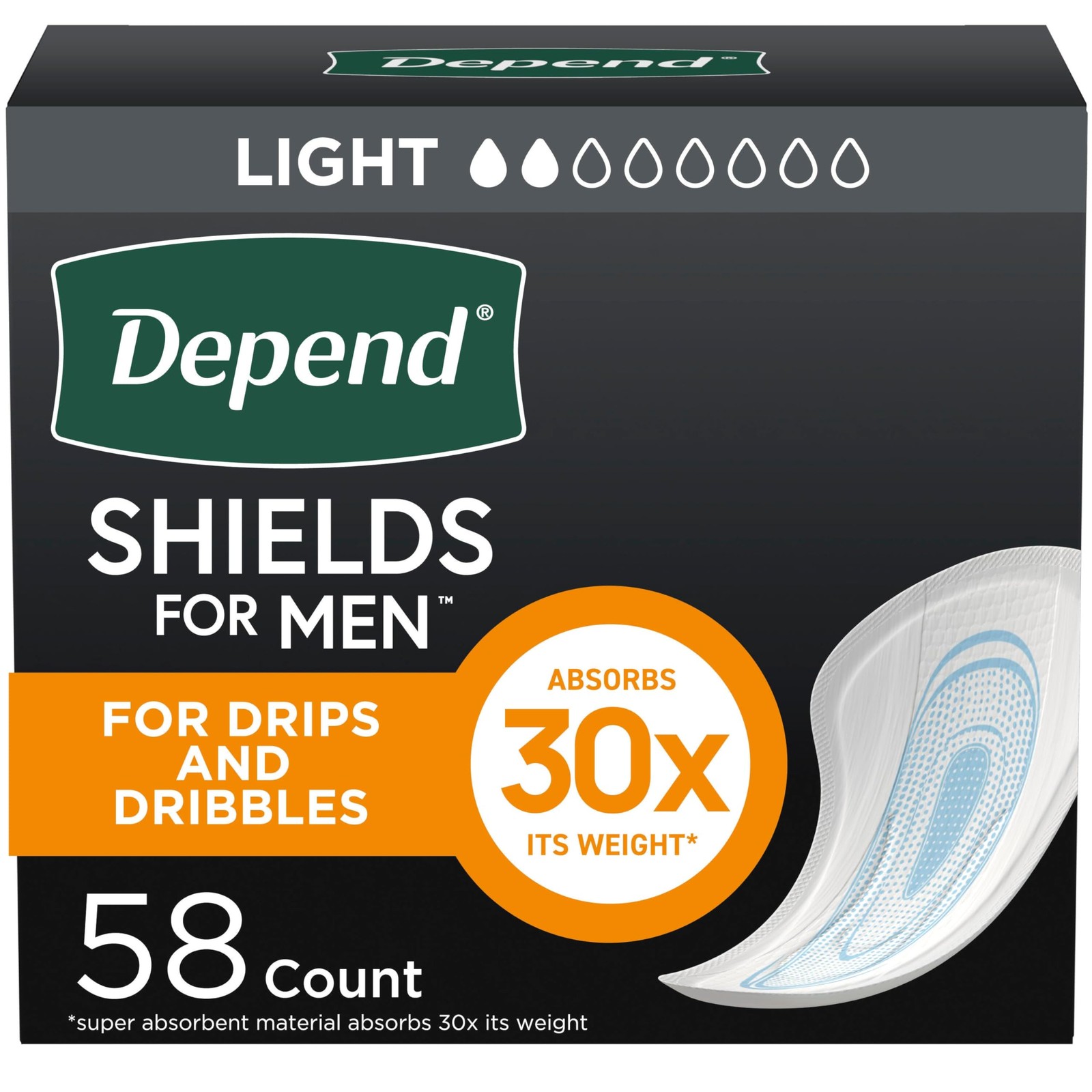 Depend Shields Incontinence Pads for Men, Light Absorbency, One Size, White