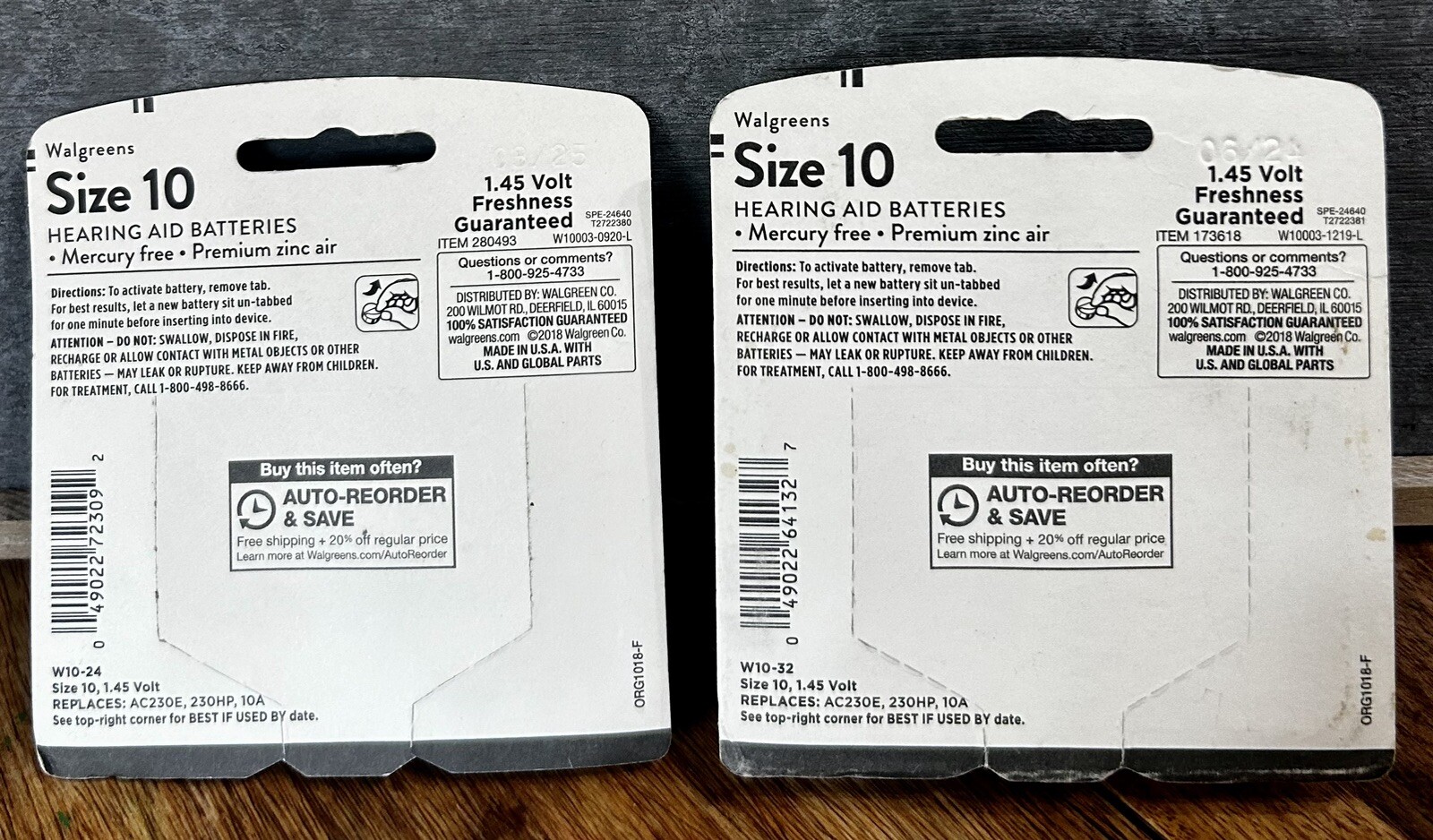 Walgreen Hearing Aid Batteries Yellow Size 10, 24 ok & 32 pk, 1.45V