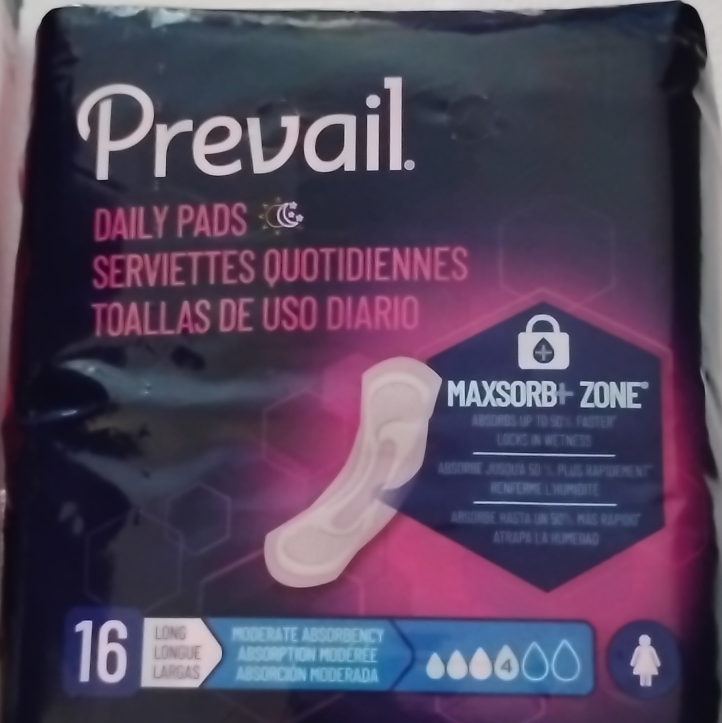 Prevail Women’s Incontinence Pads MaxSorb+ Zone Moderate Long 16 Count