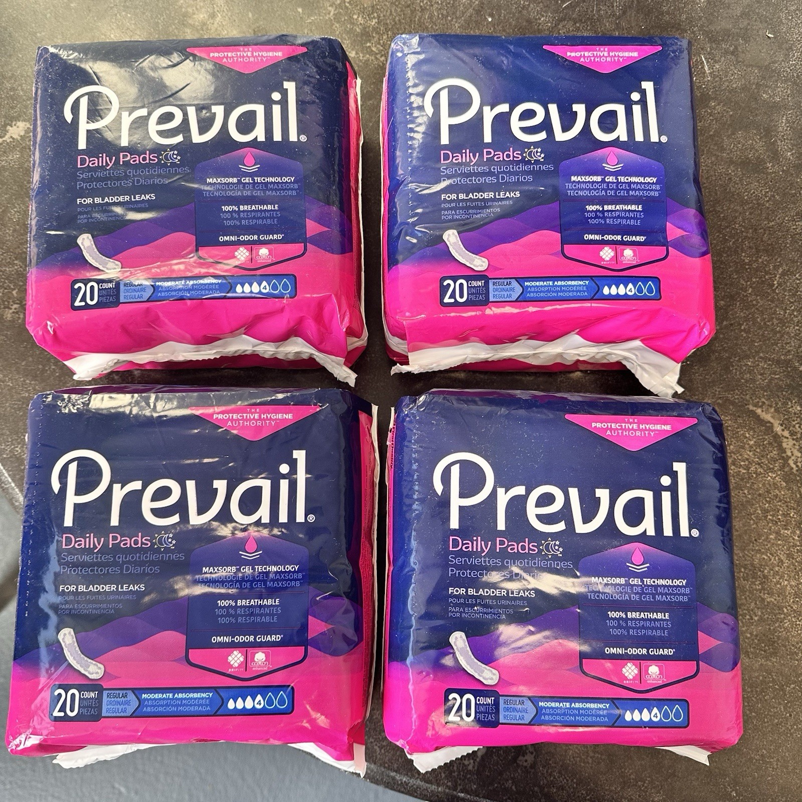 Prevail Daily Pads for Bladder Leaks Women’s Regular 20 Count Pack Lot of 4 PKS