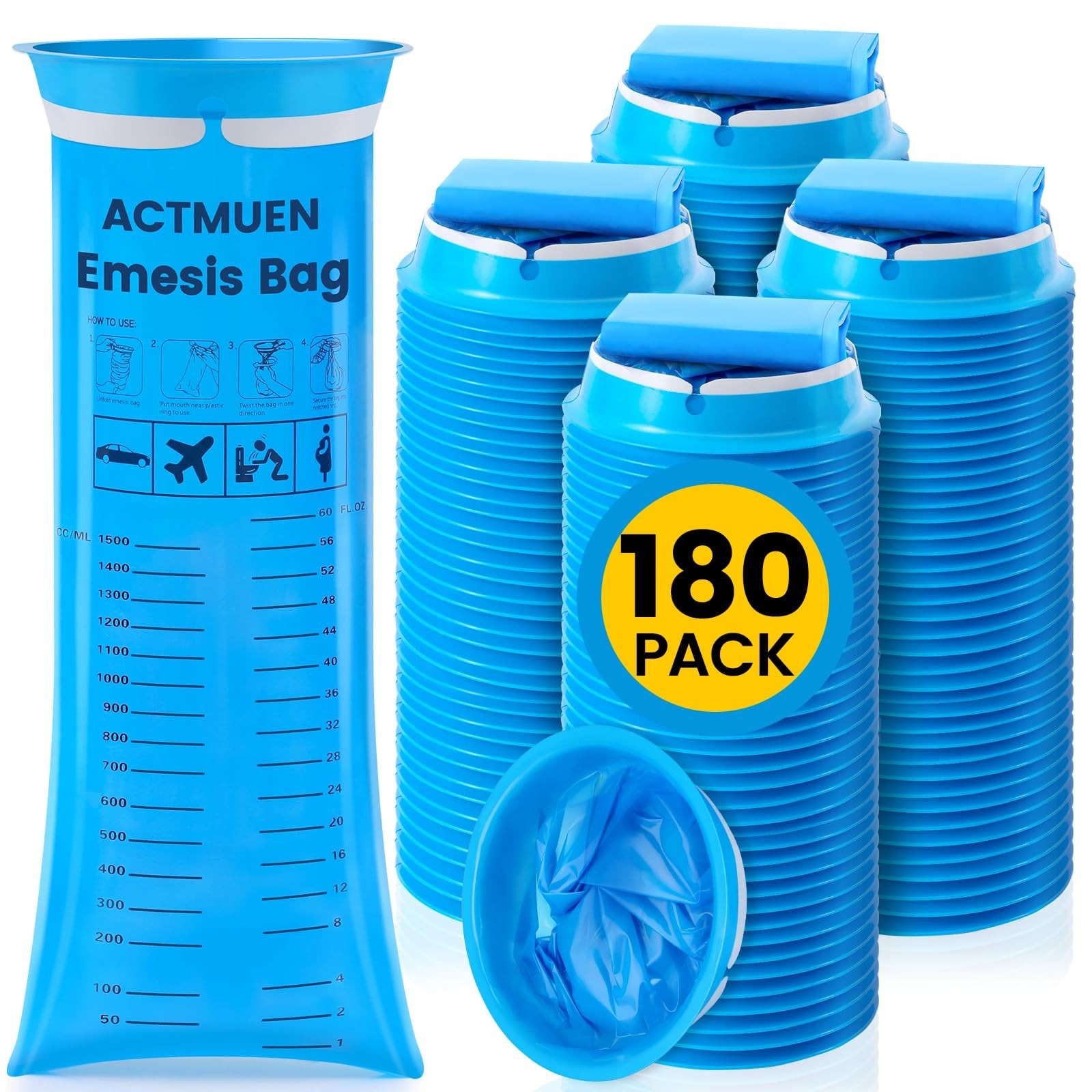 Disposable Vomit Bags 180 Pack – 1000ml Emesis Bags for Travel, Nausea Relief, L