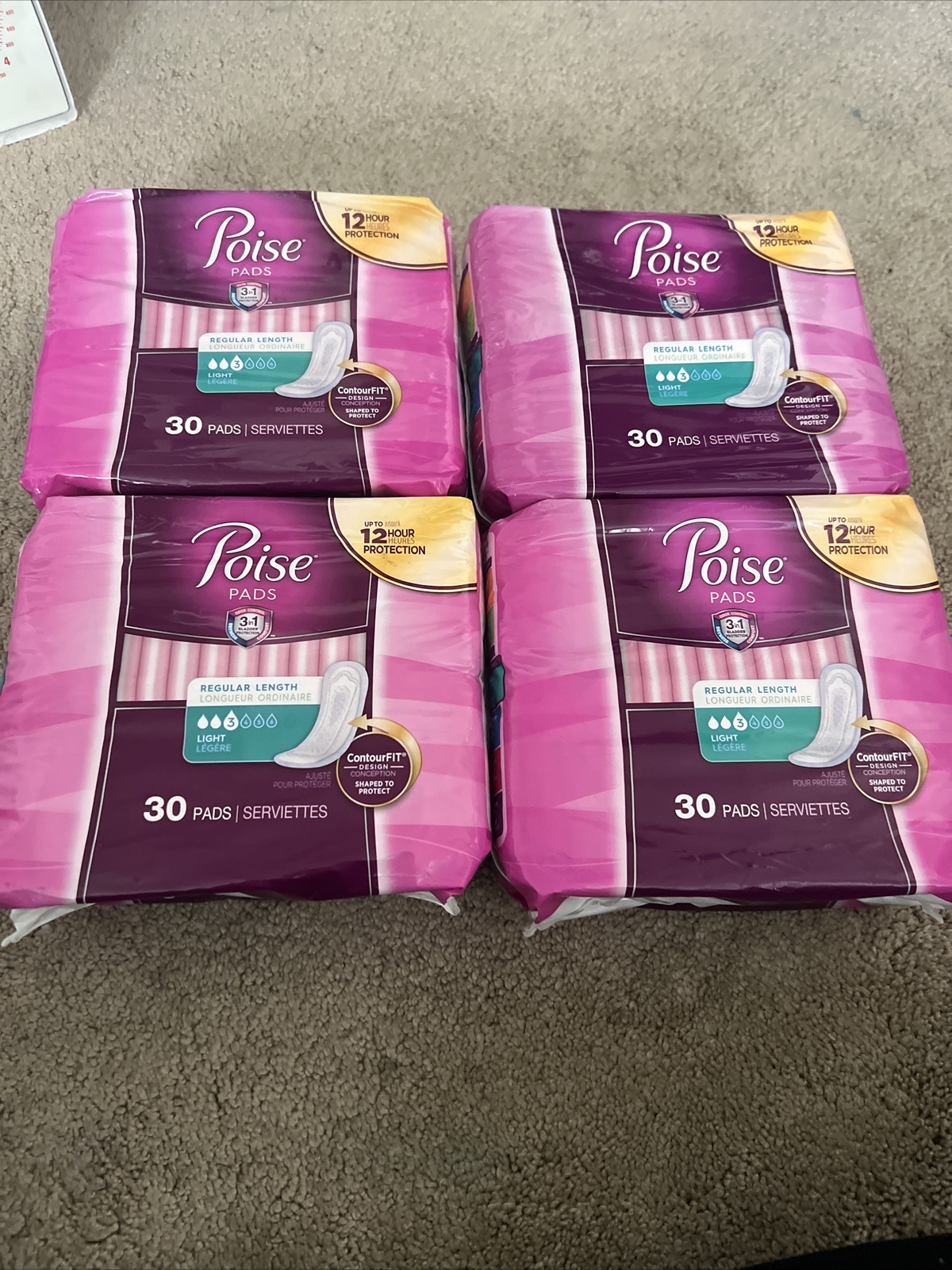 4 Poise Reg Length Pads Level 3 Light ContourFIT Odor Control DryTouch 30ct Ea