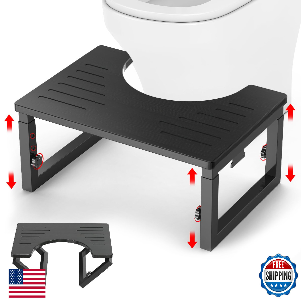 Bamboo Toilet Stool Squat Black 7 8 9″ Adjustable Height Non-Slip Bathroom