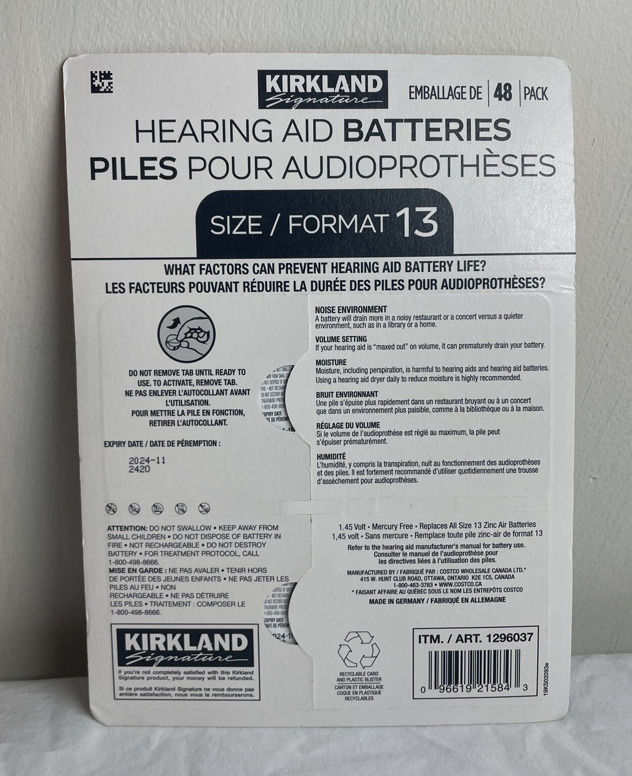 Kirkland Signature Hearing Aid Batteries Size Format 13, 1.45 Volt, 48 Pack